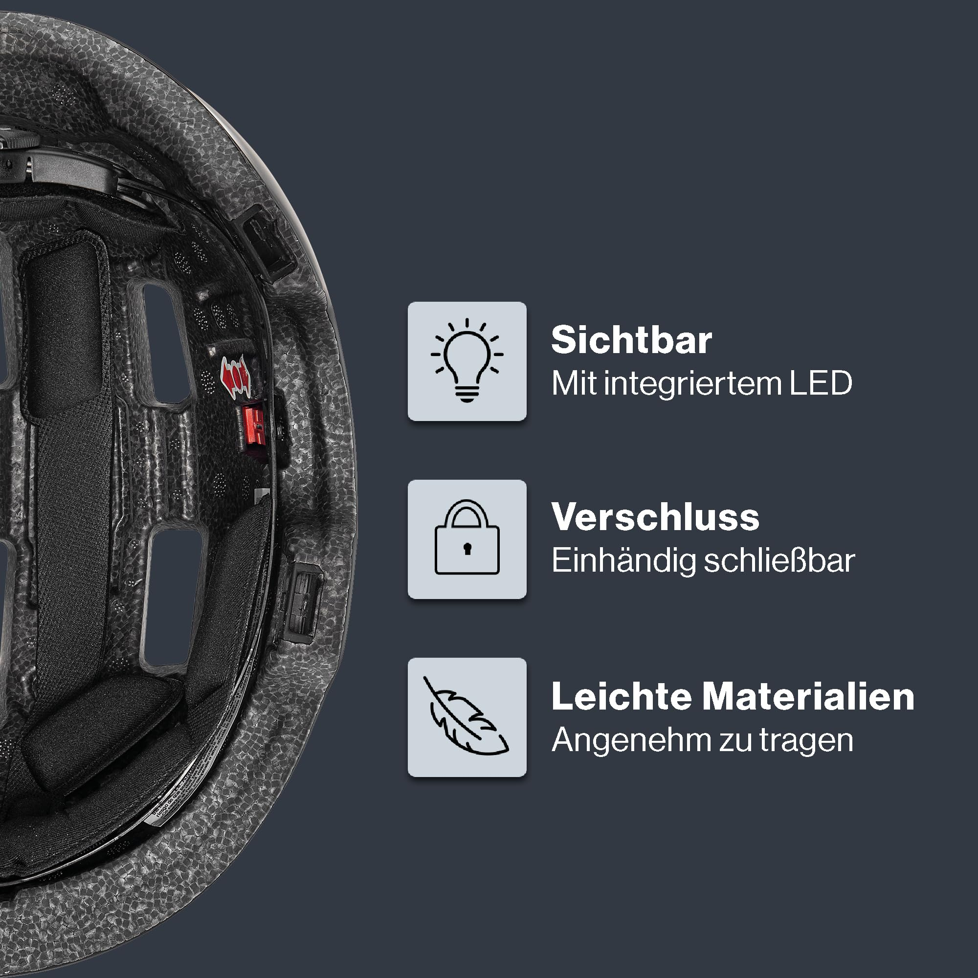 Fahrradhelm innen mit drei Funktionssymbolen rechts: LED, Verschluss, leichtes Material.