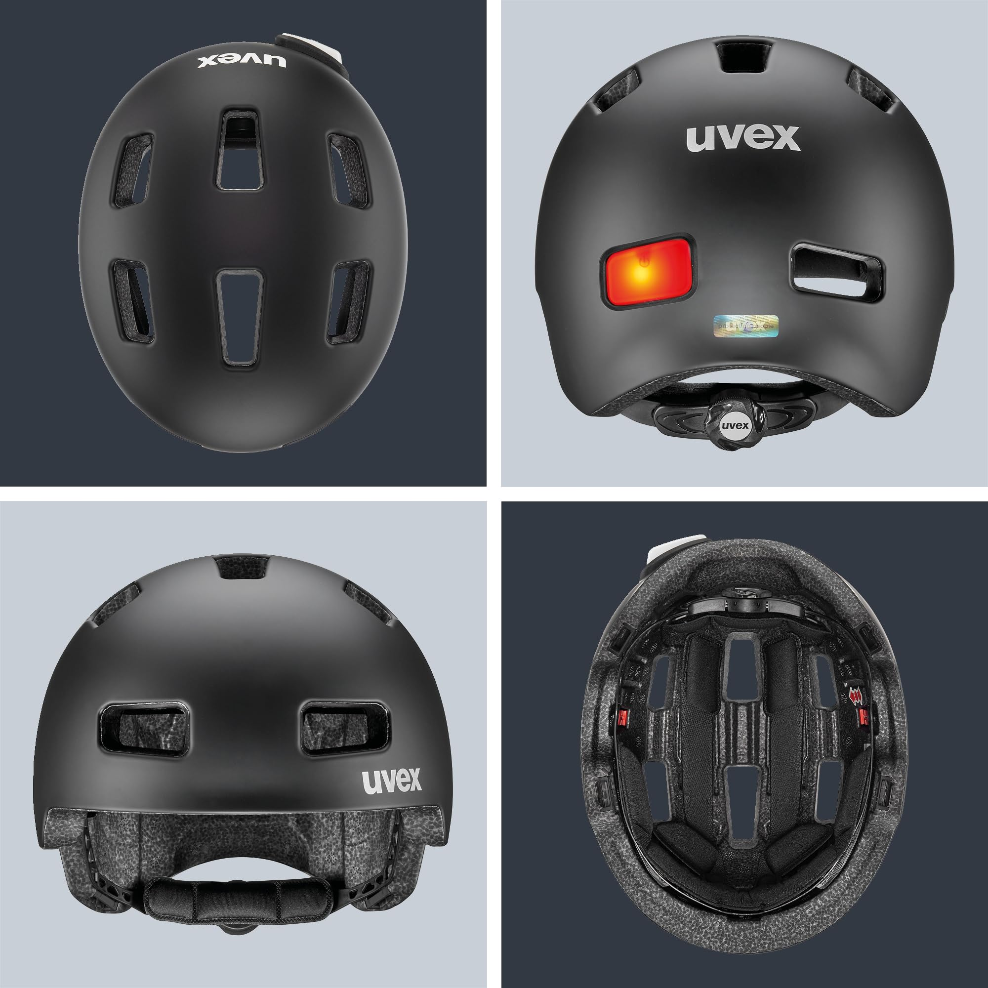 Vier Ansichten eines schwarzen Uvex Fahrradhelms mit Belüftungslöchern und rotem Rücklicht.