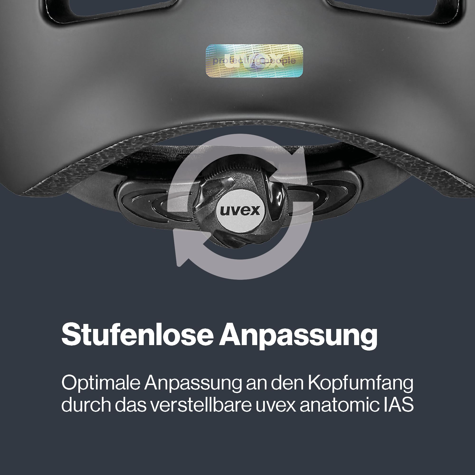 Nahaufnahme des Helms mit Uvex-Drehknopf und Rotationspfeilen zur stufenlosen Größenanpassung.