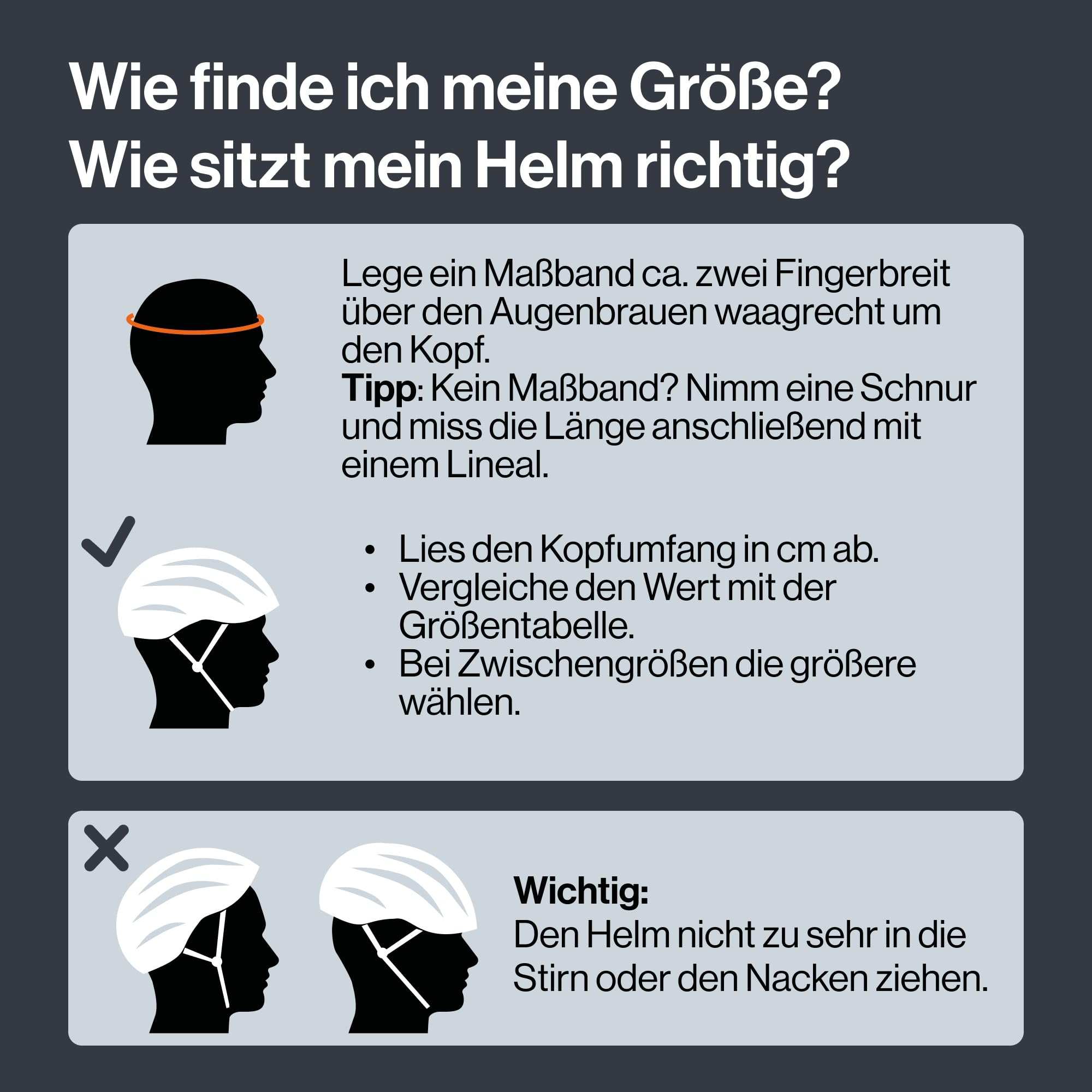 Eine Anleitung zur Bestimmung der Helmgröße mit Illustrationen und Schritten.