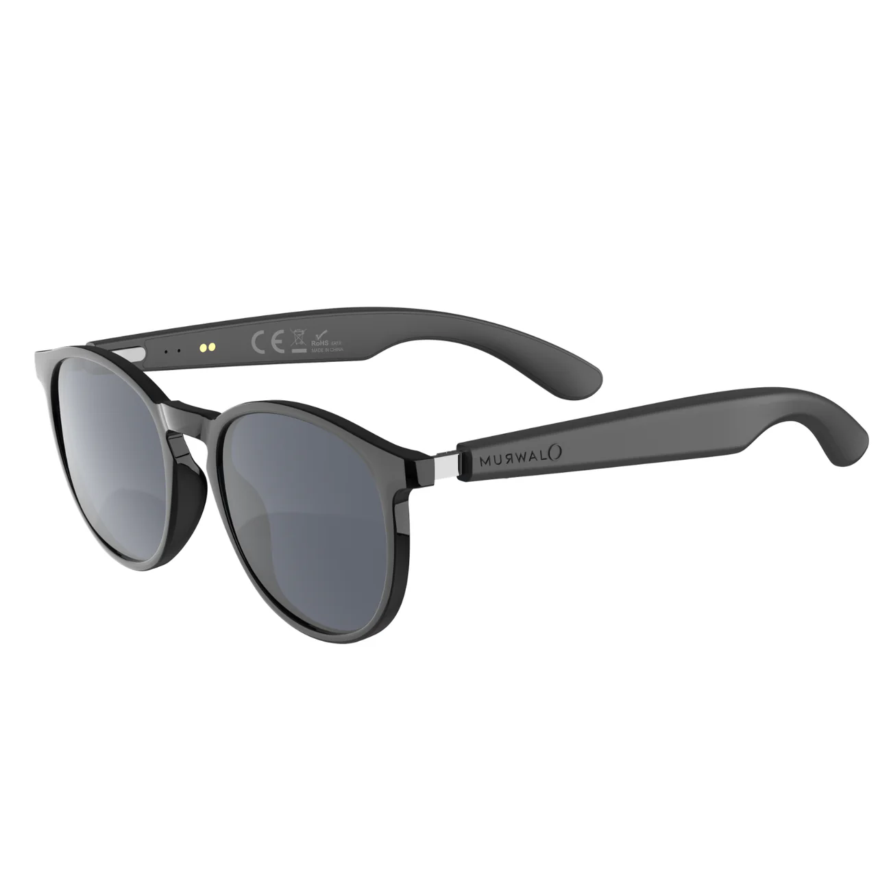 Gafas de sol inteligentes negras con lentes redondeadas y patillas más gruesas.