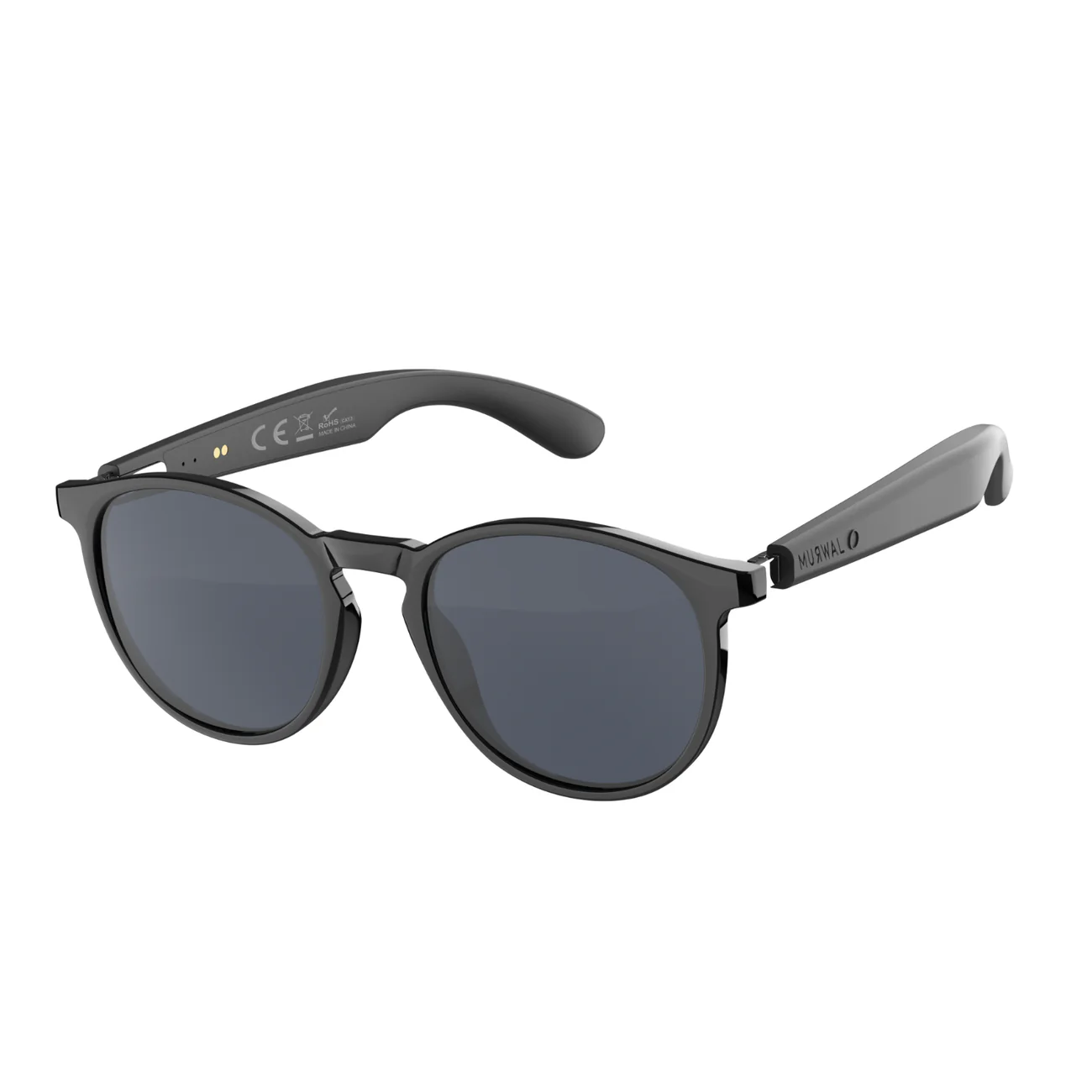 Gafas de sol inteligentes negras con lentes redondas y patillas gruesas sobre fondo blanco.