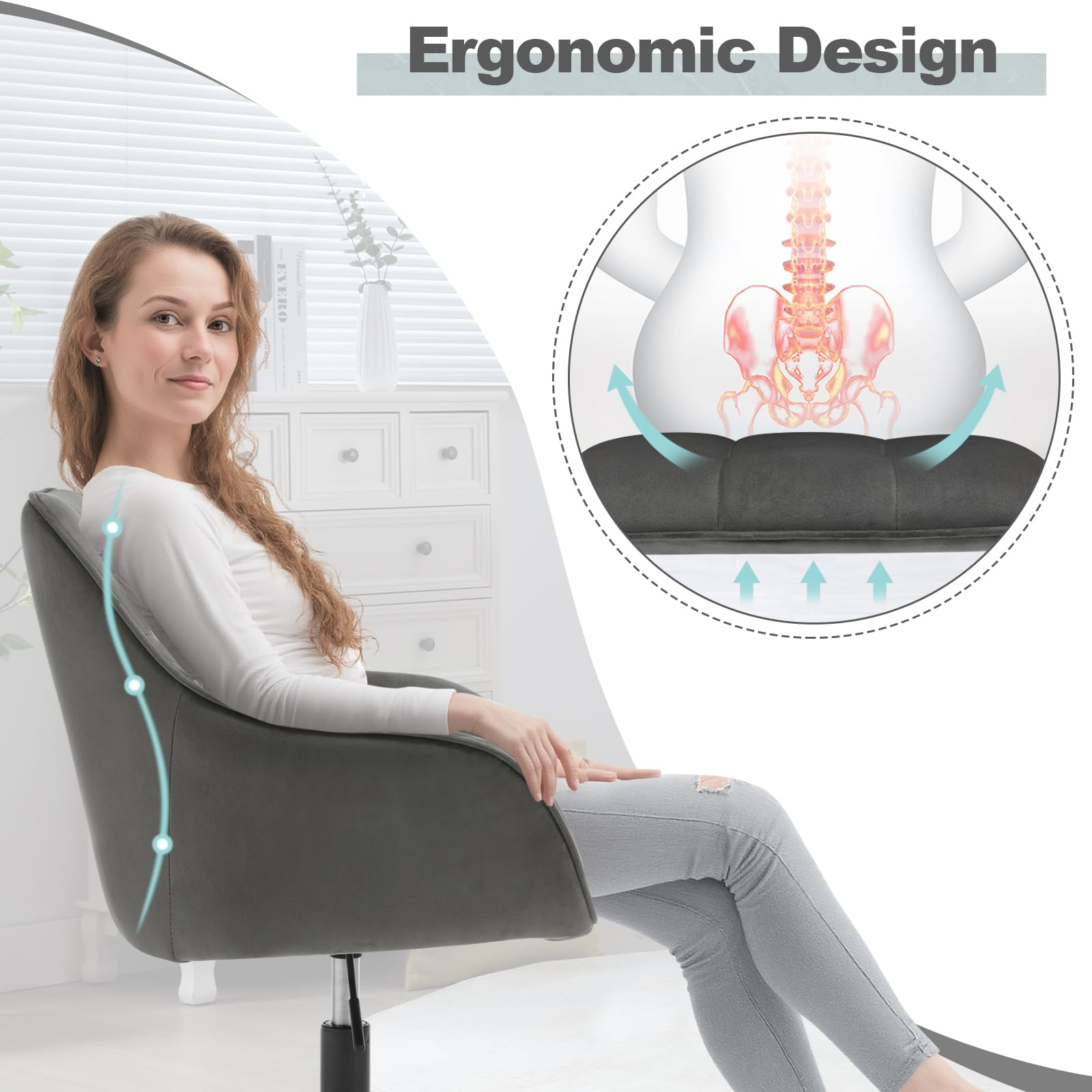 Eine Frau sitzt auf einem ergonomischen Stuhl, mit einer Grafik, die die Unterstützung der Wirbelsäule zeigt.
