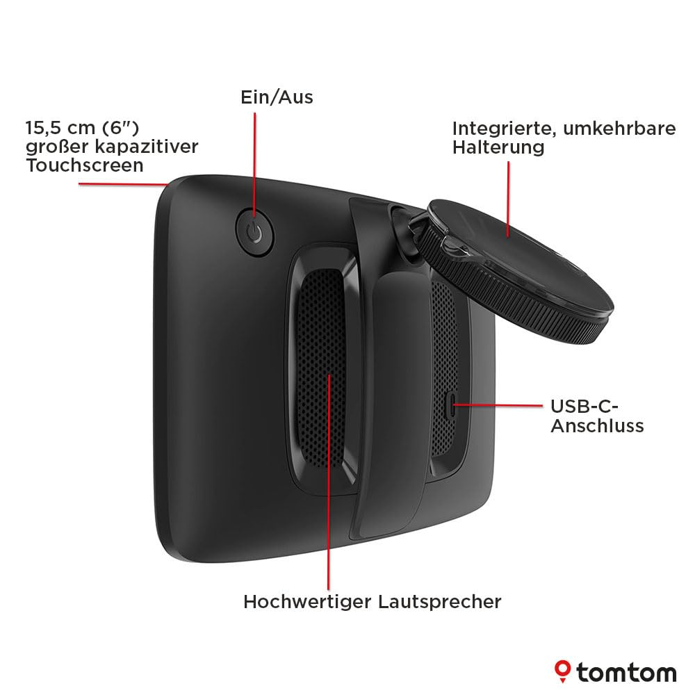 Vista posteriore del navigatore TomTom con schermo, pulsante di accensione, altoparlante, supporto e porta USB-C.
