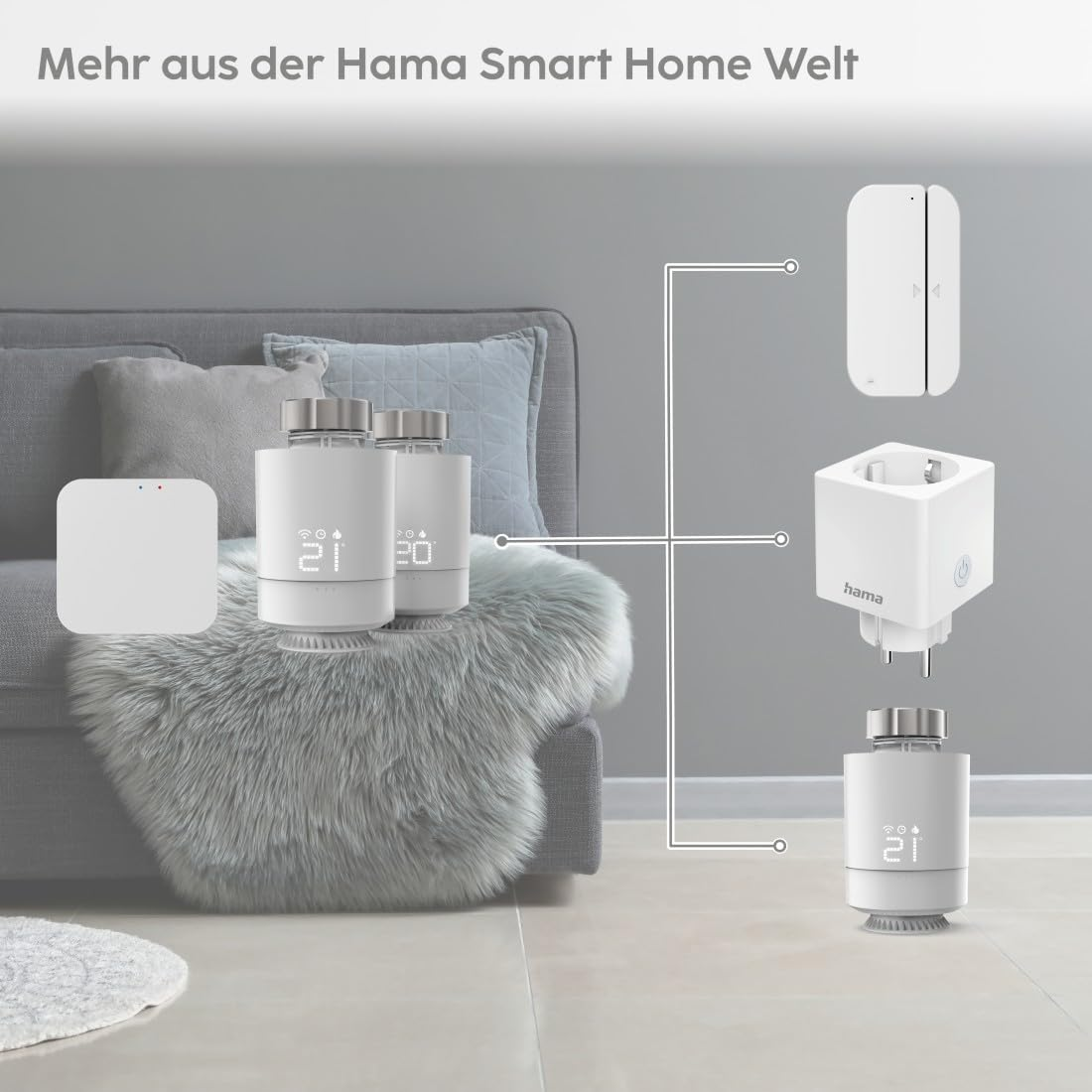 Verschiedene Hama Smart Home Geräte wie Thermostate und Steckdosen auf einem Sofa und Boden.