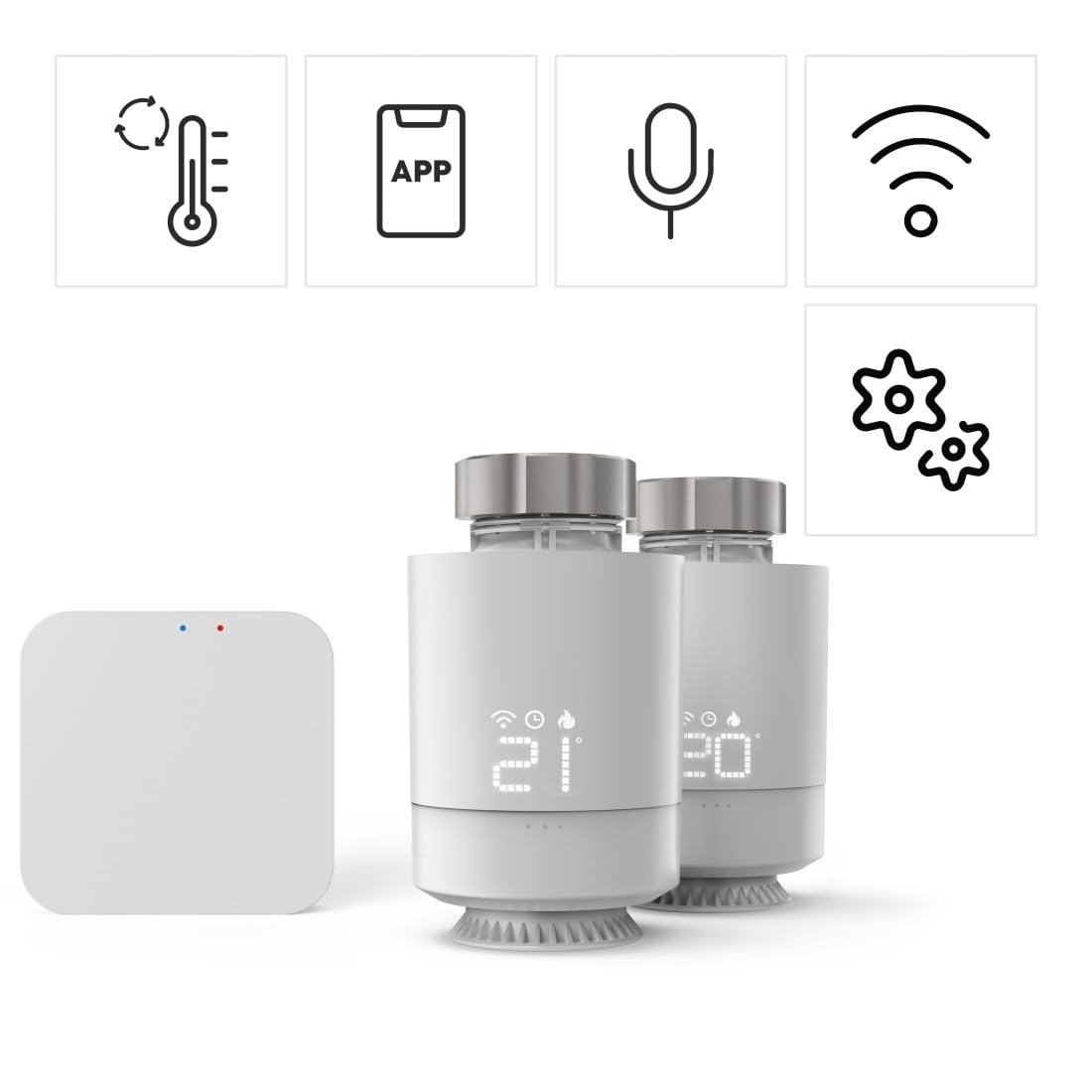 Zwei weiße smarte Heizkörperthermostate, ein Gateway und fünf Funktionssymbole auf weißem Hintergrund.