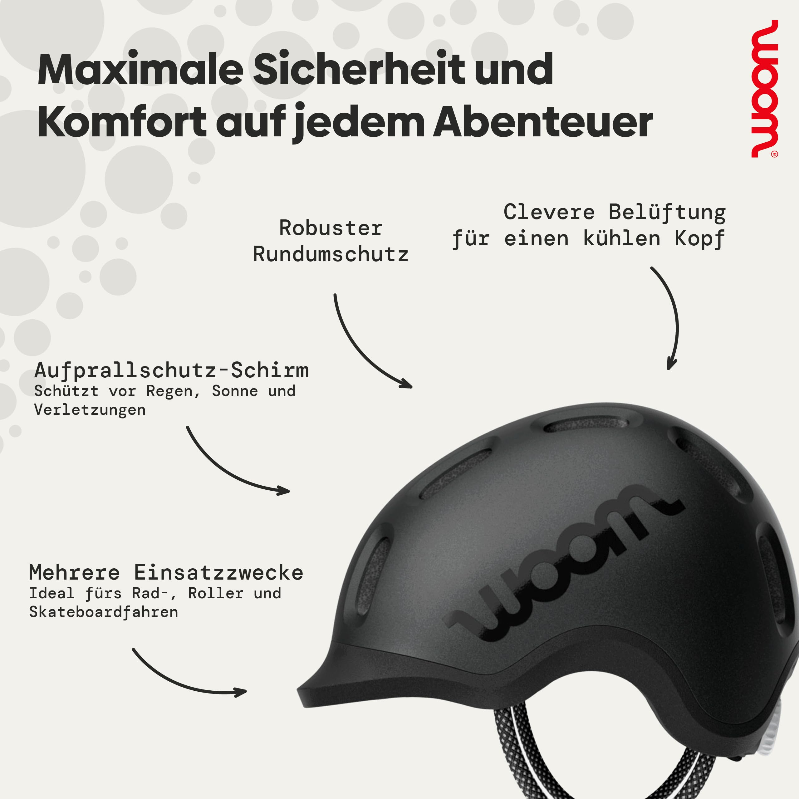 Schwarzer Woom-Fahrradhelm mit Belüftung, Visier und Hinweisen auf Schutz und Komfort.