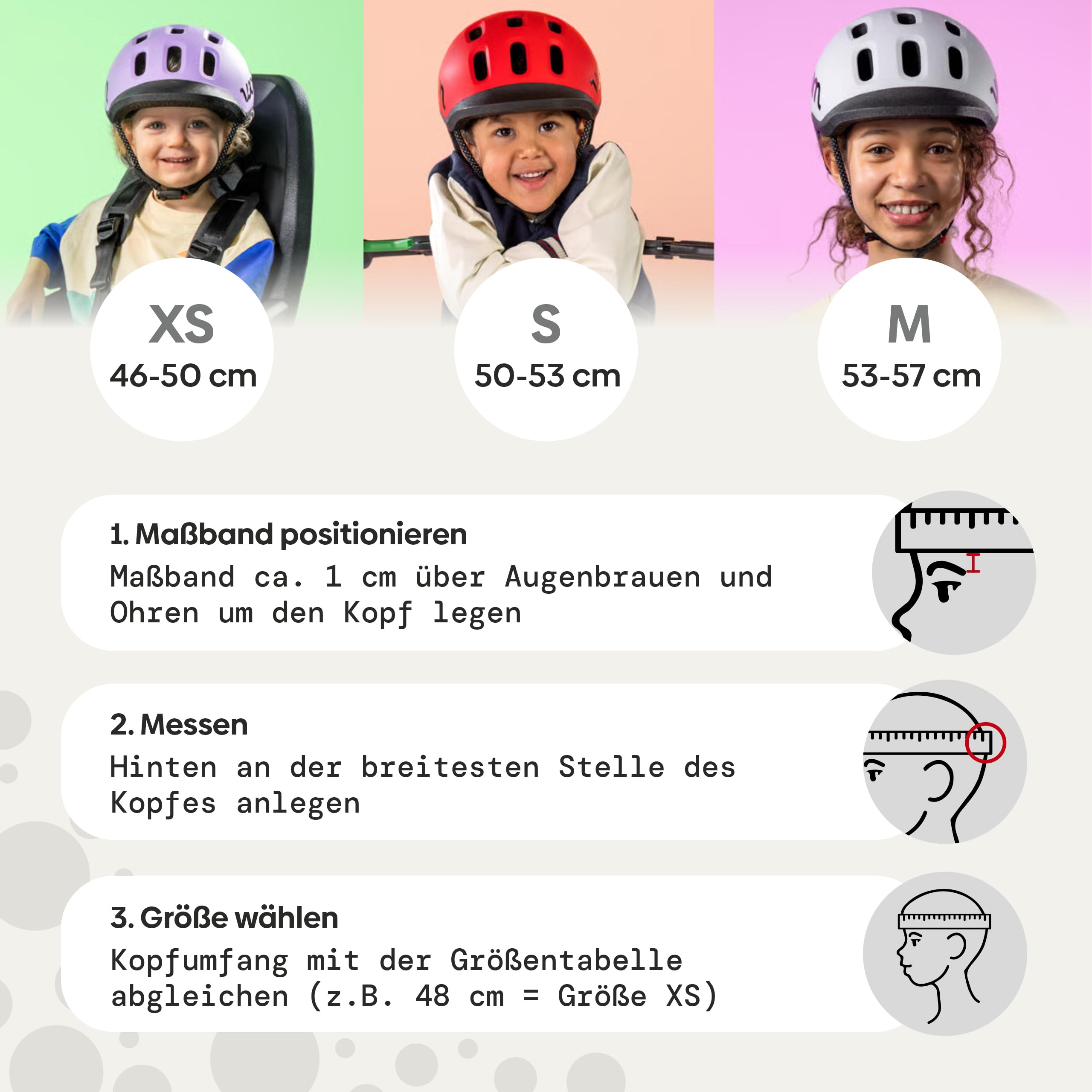 Anleitung zur Bestimmung der Helmgröße mit drei Schritten und Bildbeispielen für Kinder.