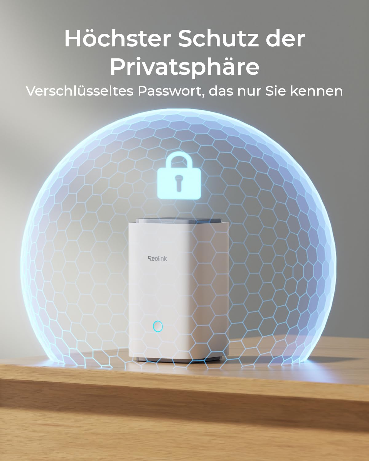 Un router Reolink bianco su un tavolo di legno, protetto da una cupola blu luminosa con un lucchetto.