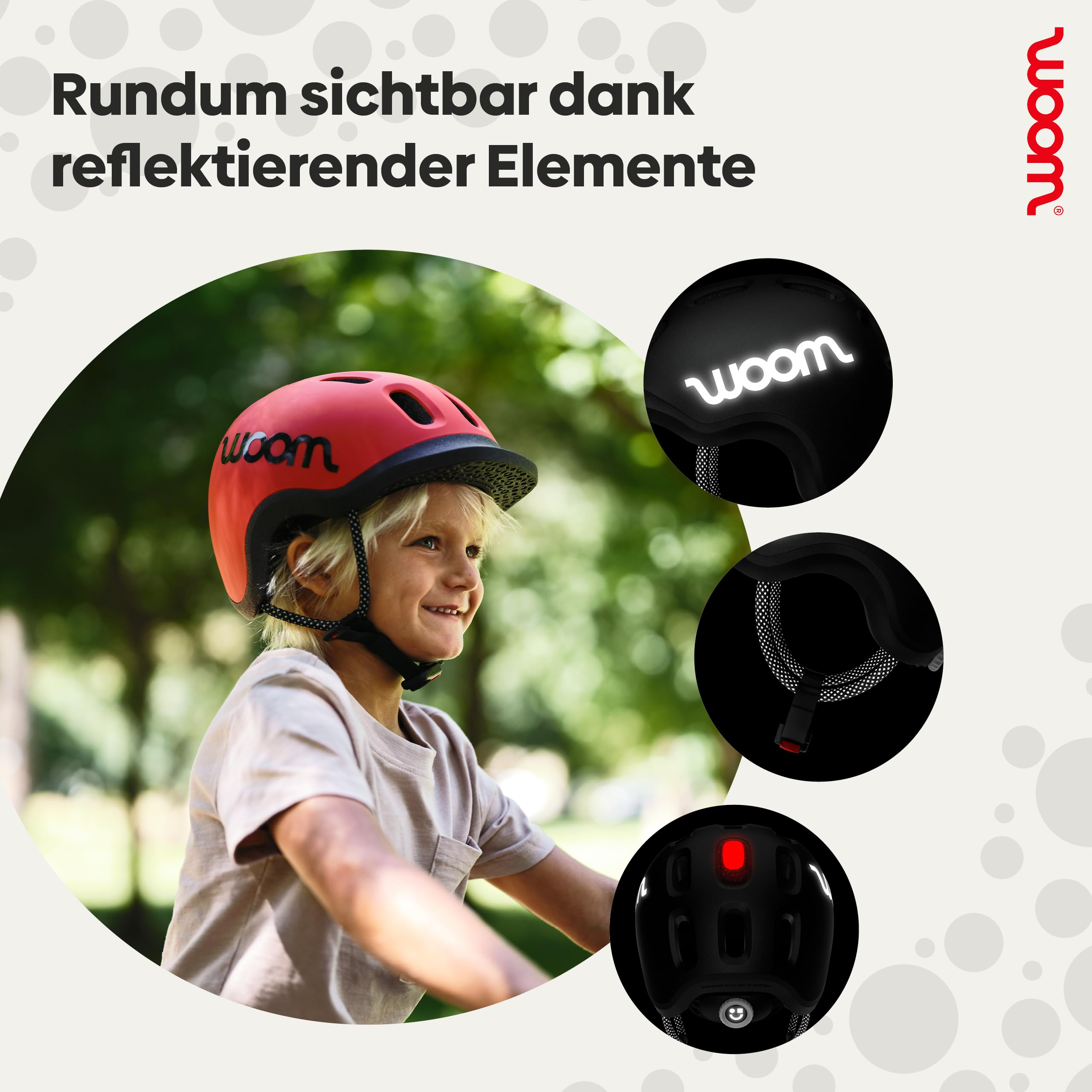 Kind mit rotem woom-Helm radelt im Park; Insets zeigen reflektierende Details.