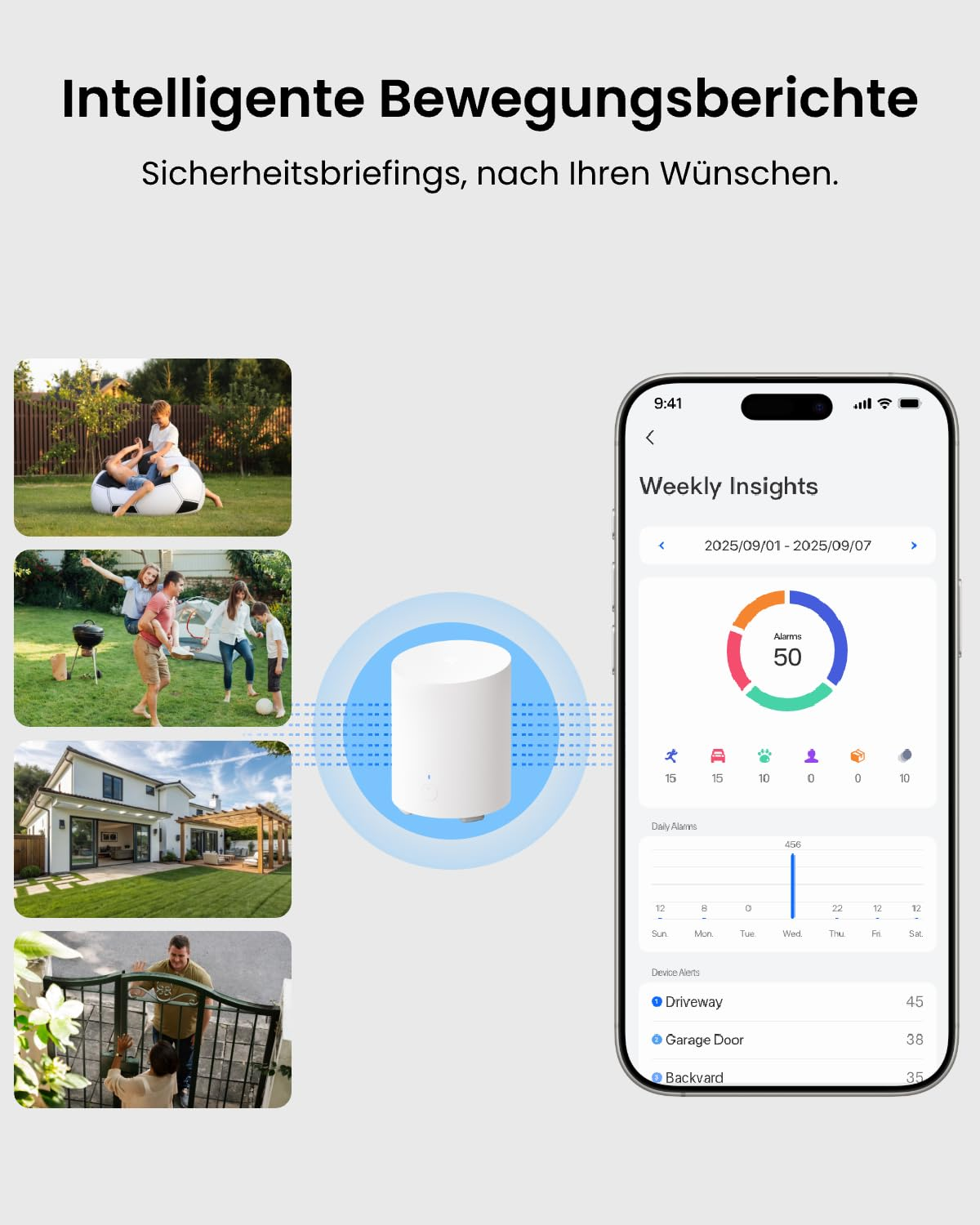 Un concentrateur intelligent se connecte à une application affichant des rapports d'activité hebdomadaires.
