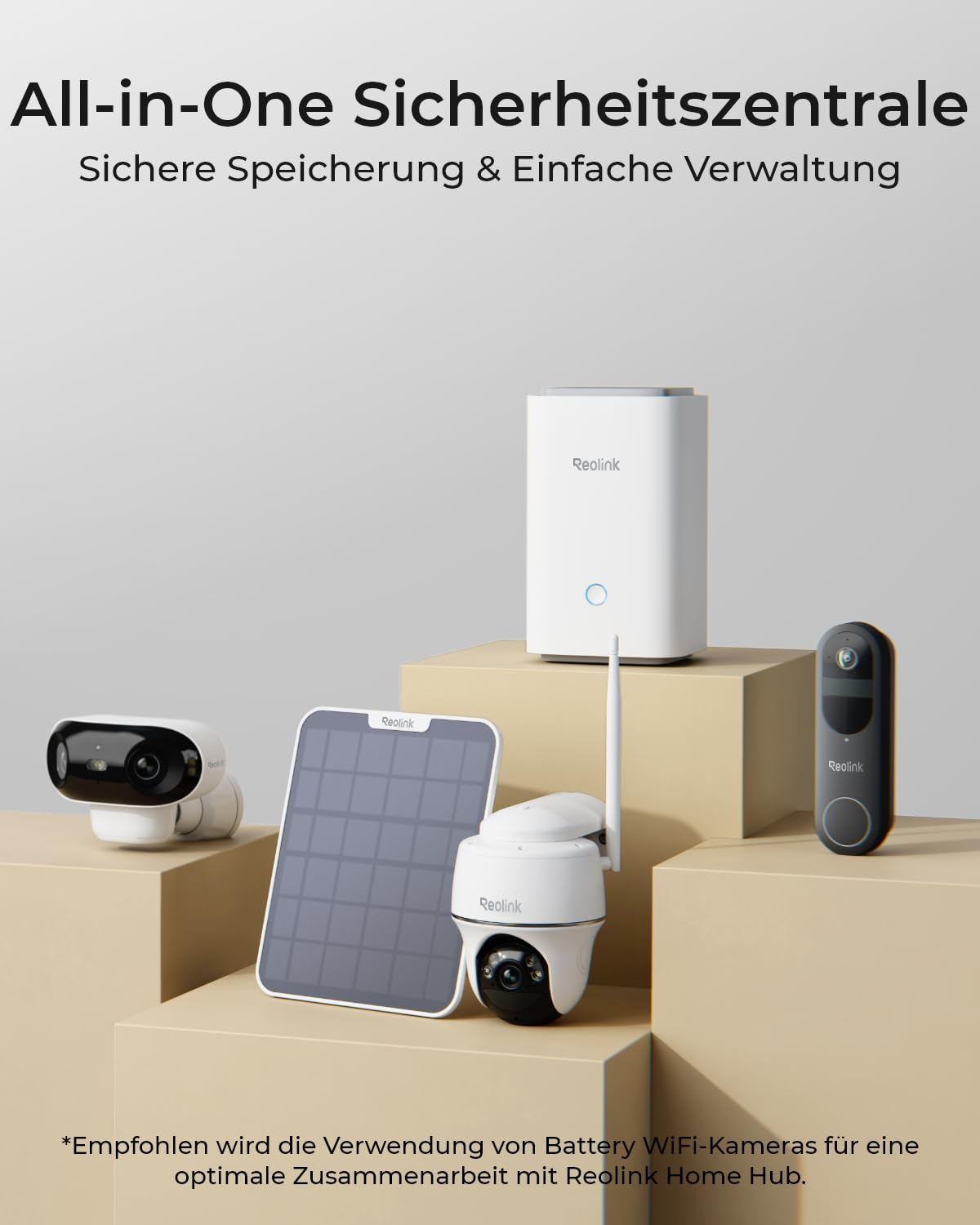 Hub di sicurezza Reolink con telecamere, pannello solare e campanello su piedistalli.