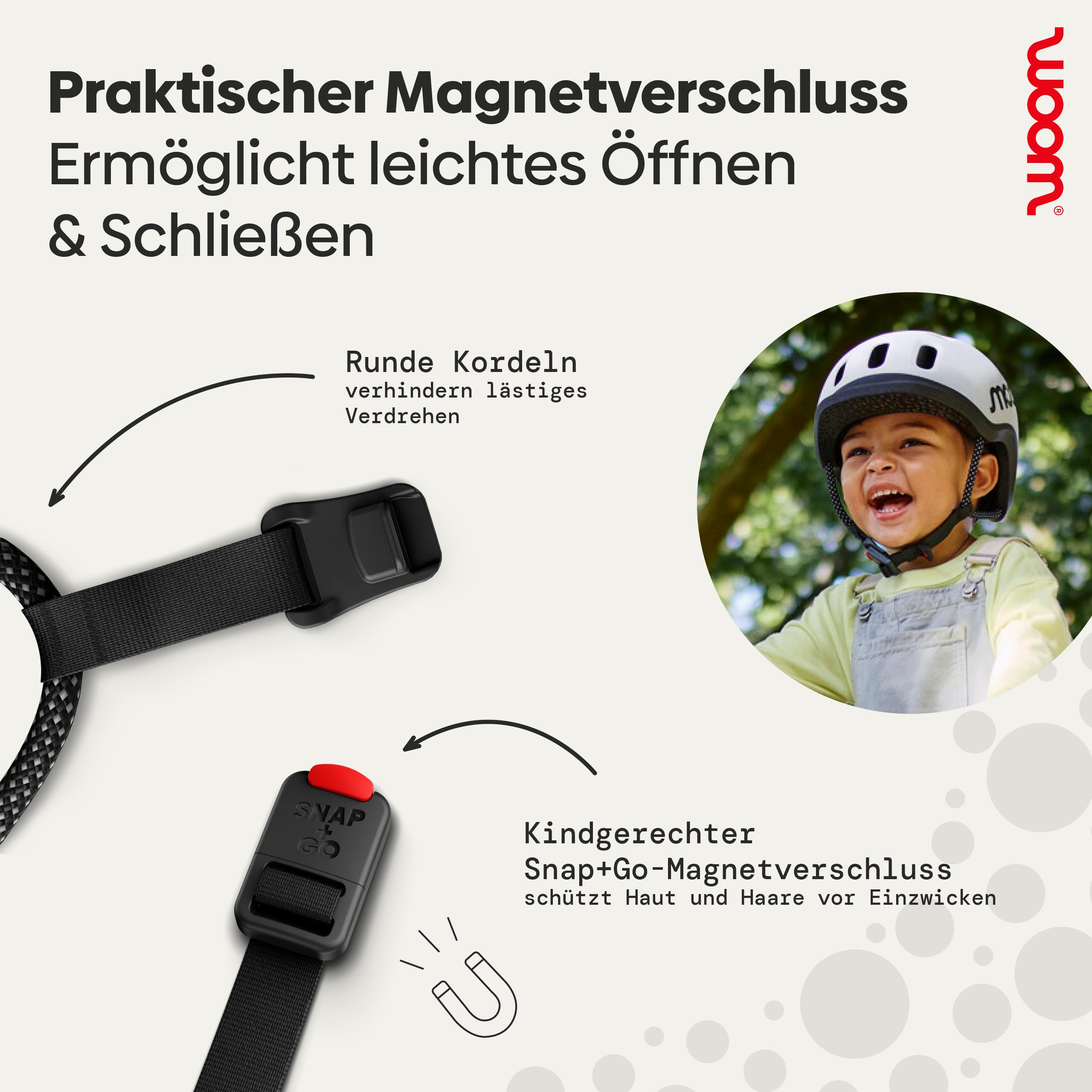 Diagramm zeigt den praktischen Snap+Go-Magnetverschluss und runde Kordeln eines woom Kinderhelms.