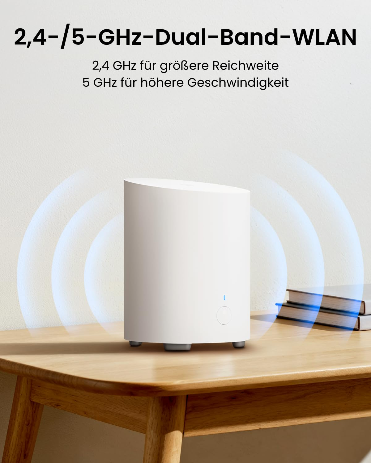 Routeur Wi-Fi blanc sur une table en bois avec des ondes de signal bleues et du texte en allemand.