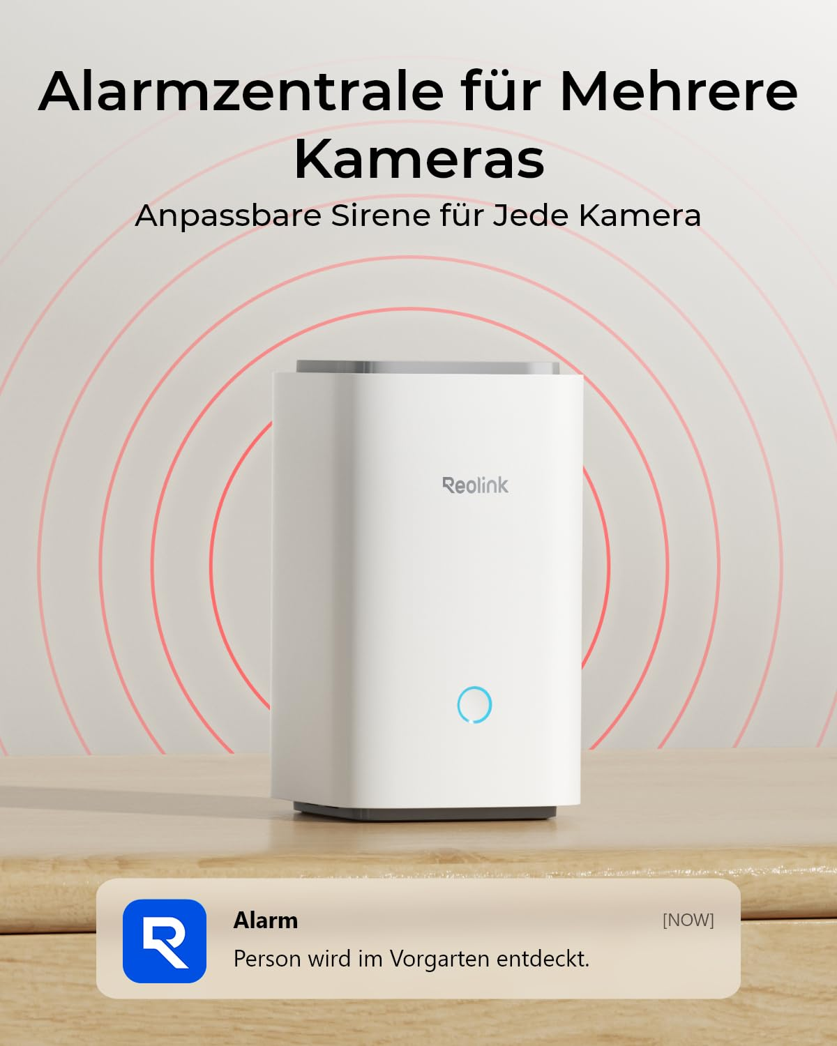 Hub di allarme Reolink bianco su superficie in legno con segnale d'onda rossa e notifica in tedesco.