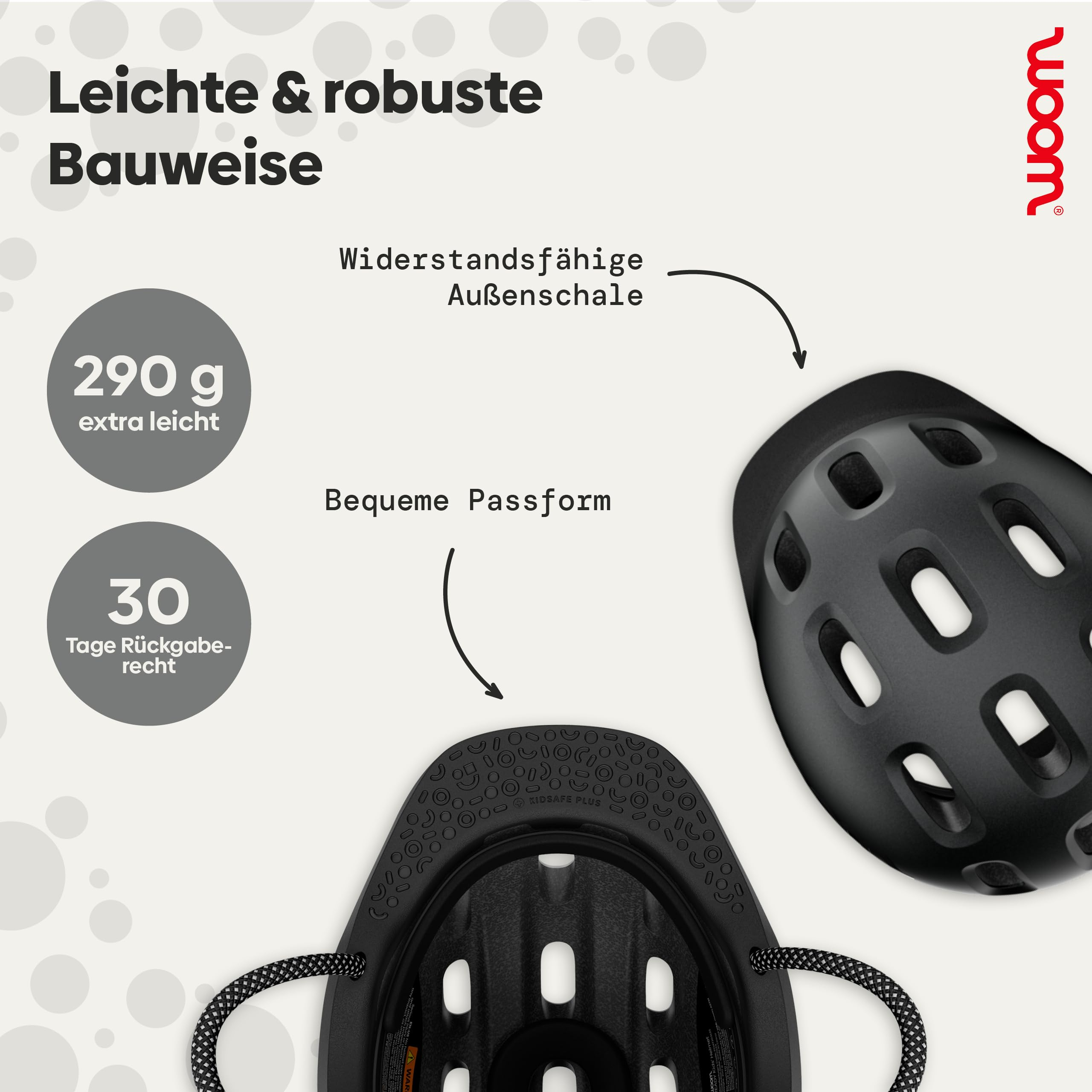 Woom Fahrradhelm mit Details zu Gewicht, Außenschale und Passform auf hellem Hintergrund.