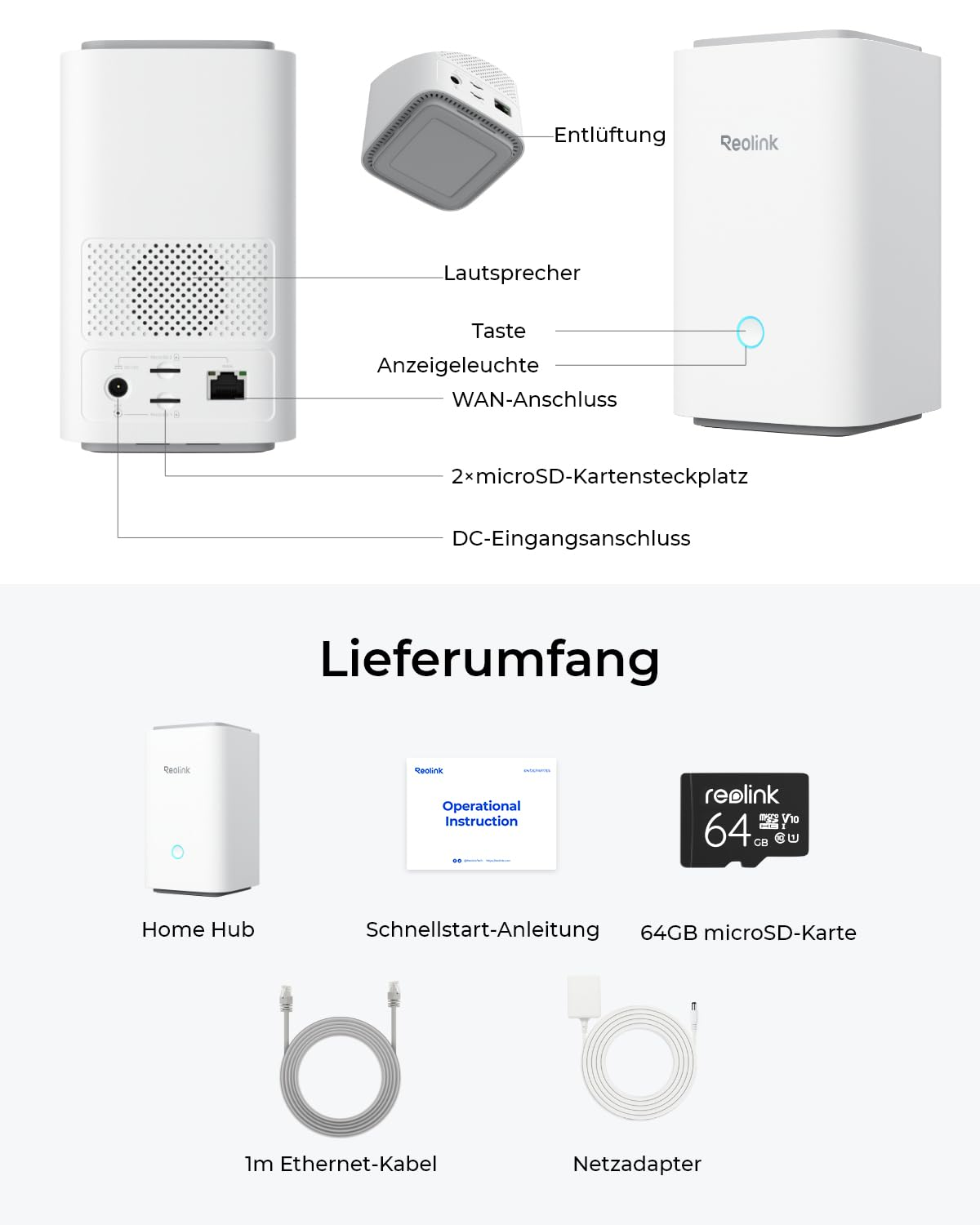 Il diagramma mostra le porte del Reolink Home Hub e il contenuto della confezione con hub, manuale e cavi.