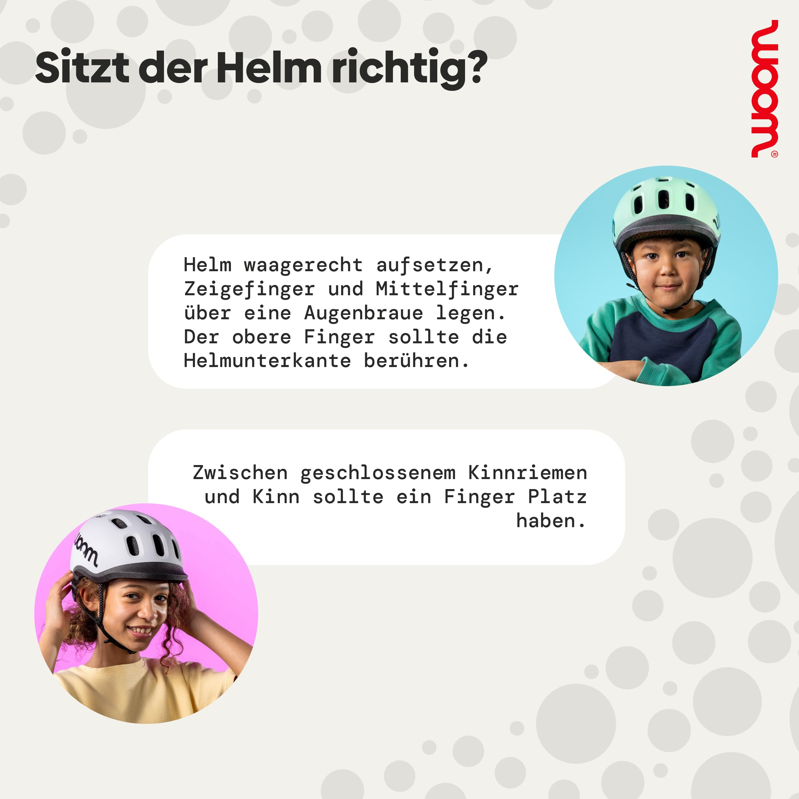 Infografik zeigt zwei Kinder mit Fahrradhelmen und Tipps zum richtigen Sitz des Helms.