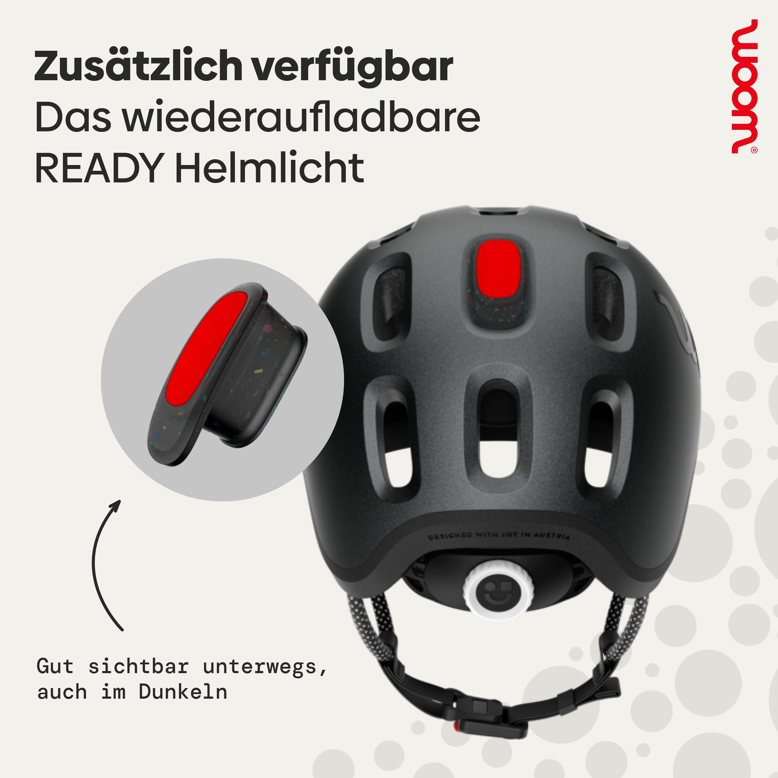 Ein schwarzer Fahrradhelm mit rotem Licht und Text in deutscher Sprache.