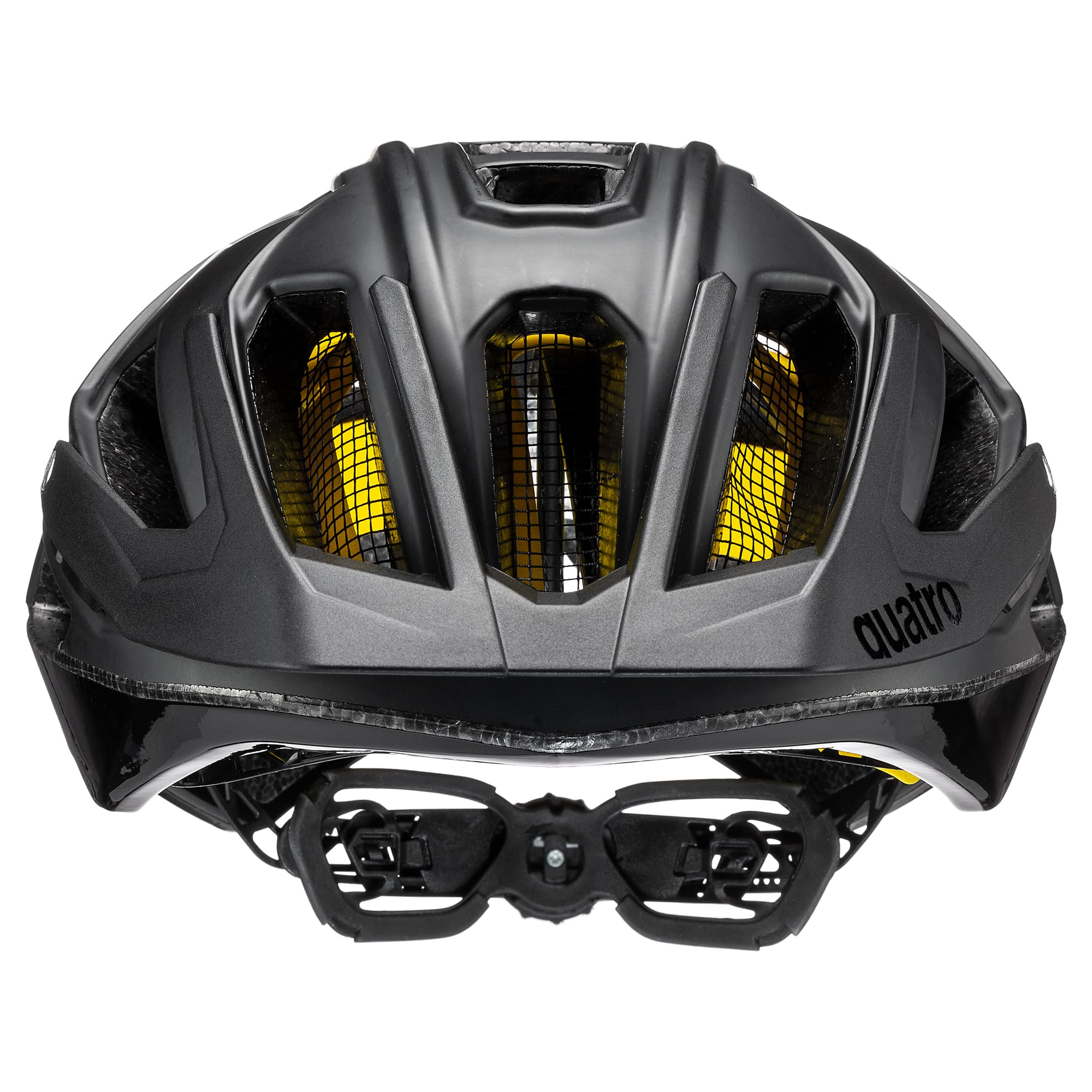 Schwarzer Fahrradhelm von vorne mit Belüftungsöffnungen, gelbem Innenfutter und Einstellriemen.