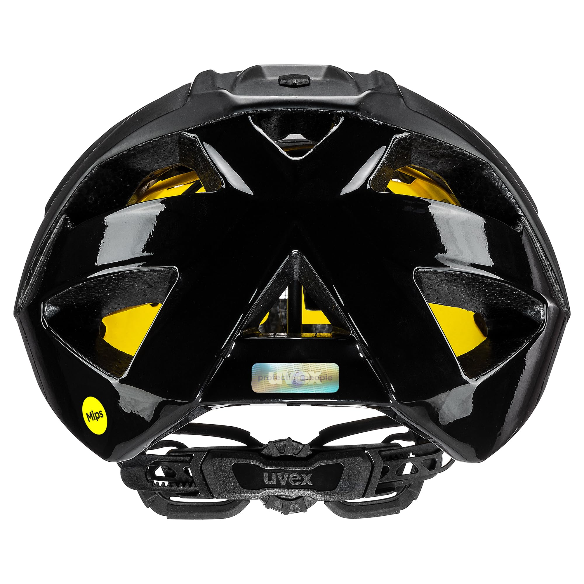 Schwarzer Uvex Fahrradhelm von hinten mit gelbem Mips-Logo und Belueftungs-Oeffnungen.