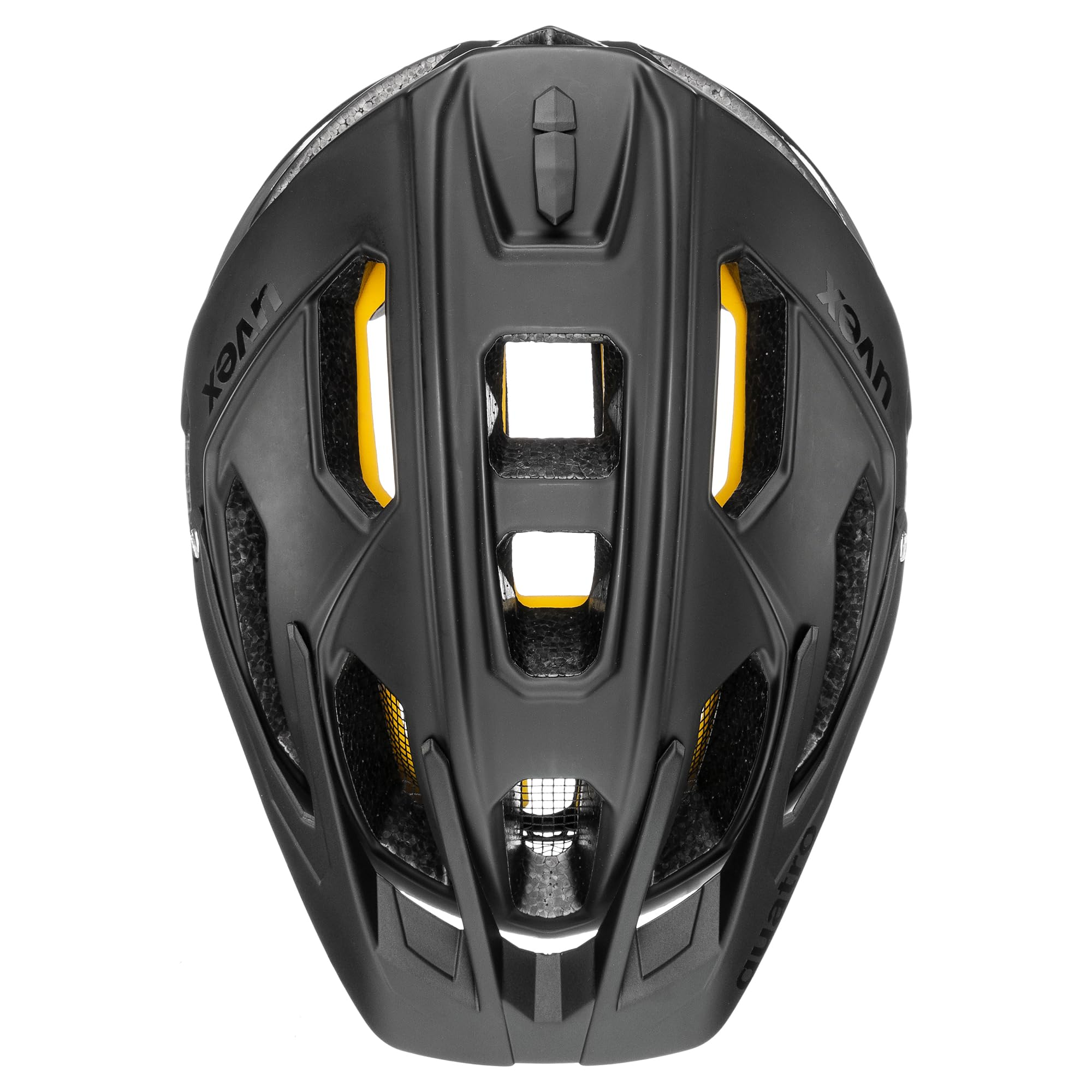 Ein mattschwarzer Fahrradhelm von oben mit gelben Belüftungsöffnungen.