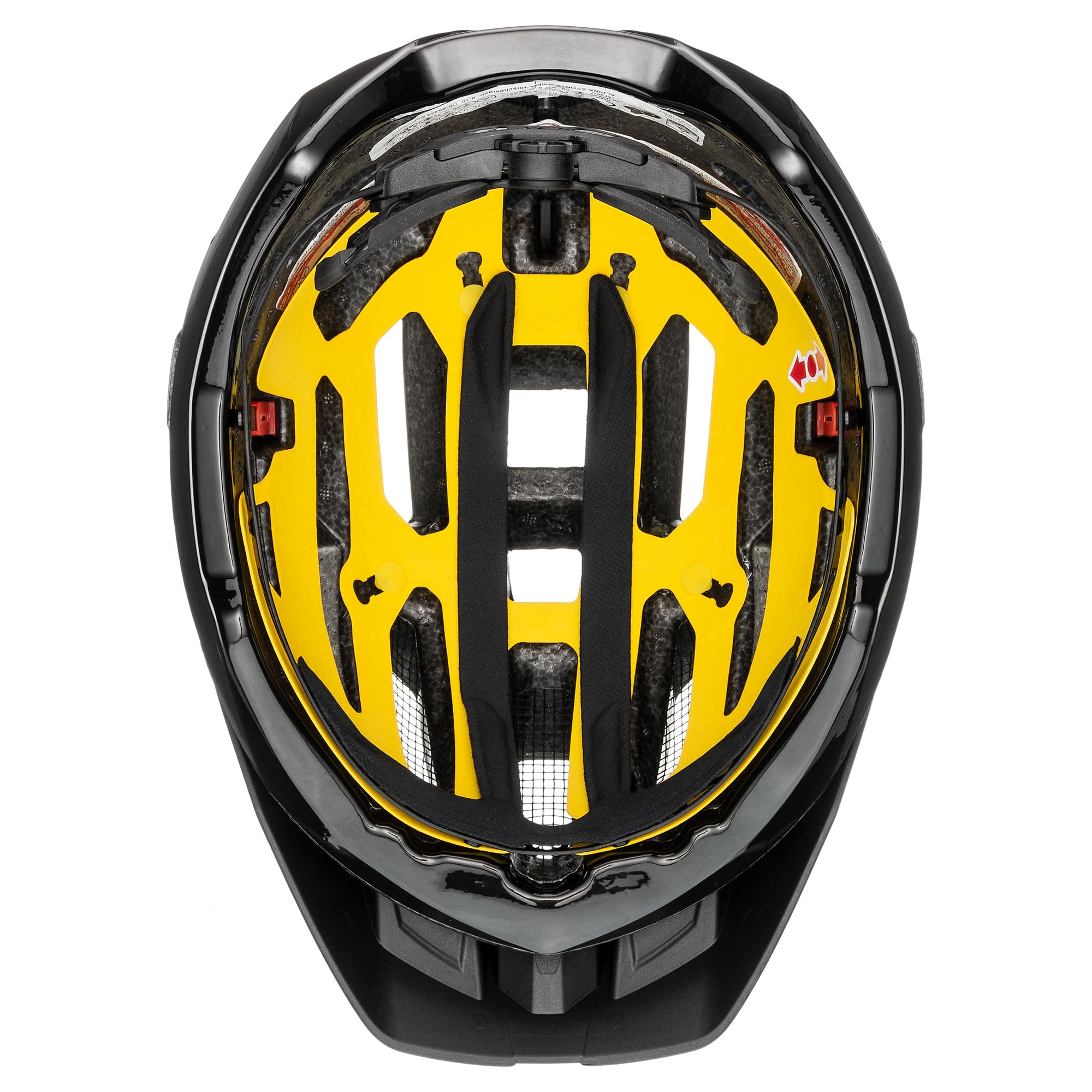 Innenseite eines schwarzen Fahrradhelms mit gelben Elementen und schwarzem Innenfutter auf weißem Hintergrund.