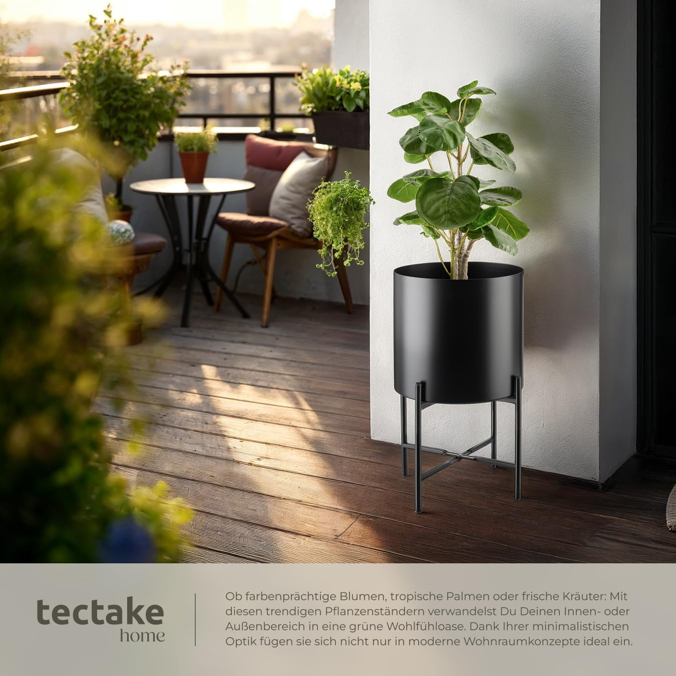 Une plante verte en pot sur un support noir sur un balcon en bois ensoleillé.
