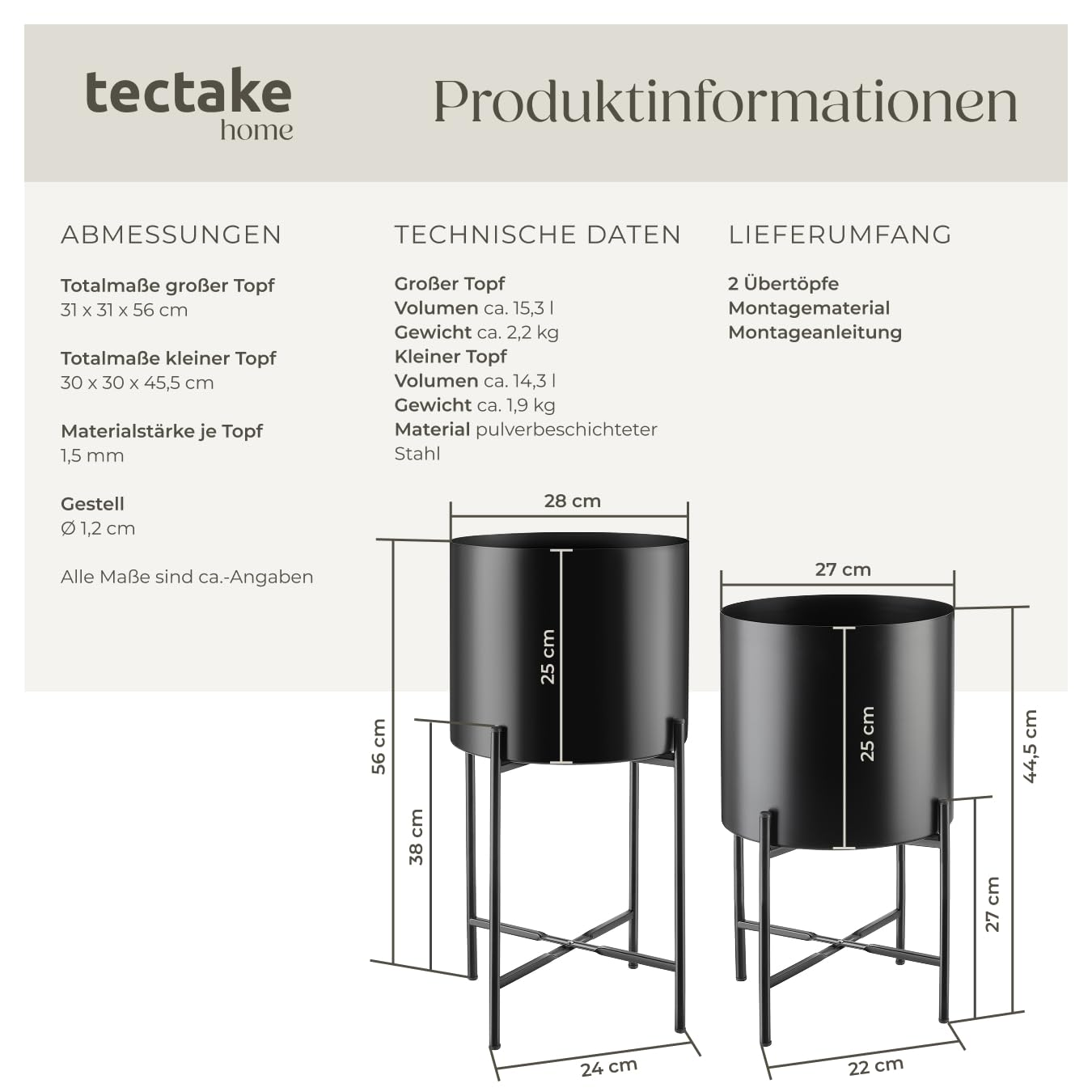 Informations sur le produit et dimensions de deux porte-plantes en métal noir avec pots intégrés.