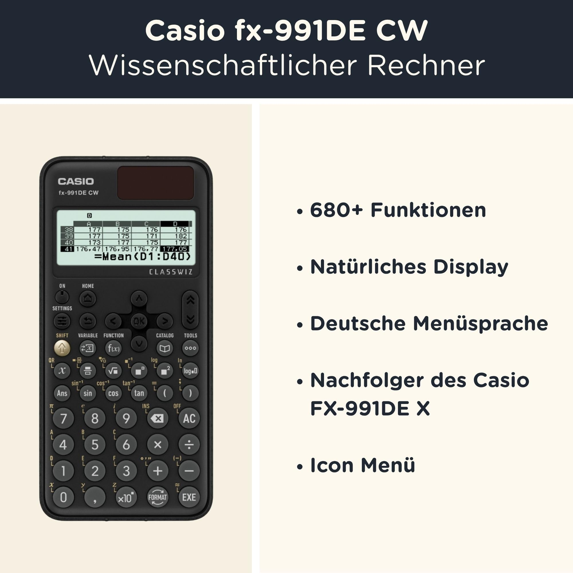 Calcolatrice scientifica Casio fx-991DE CW con display e testo in tedesco.