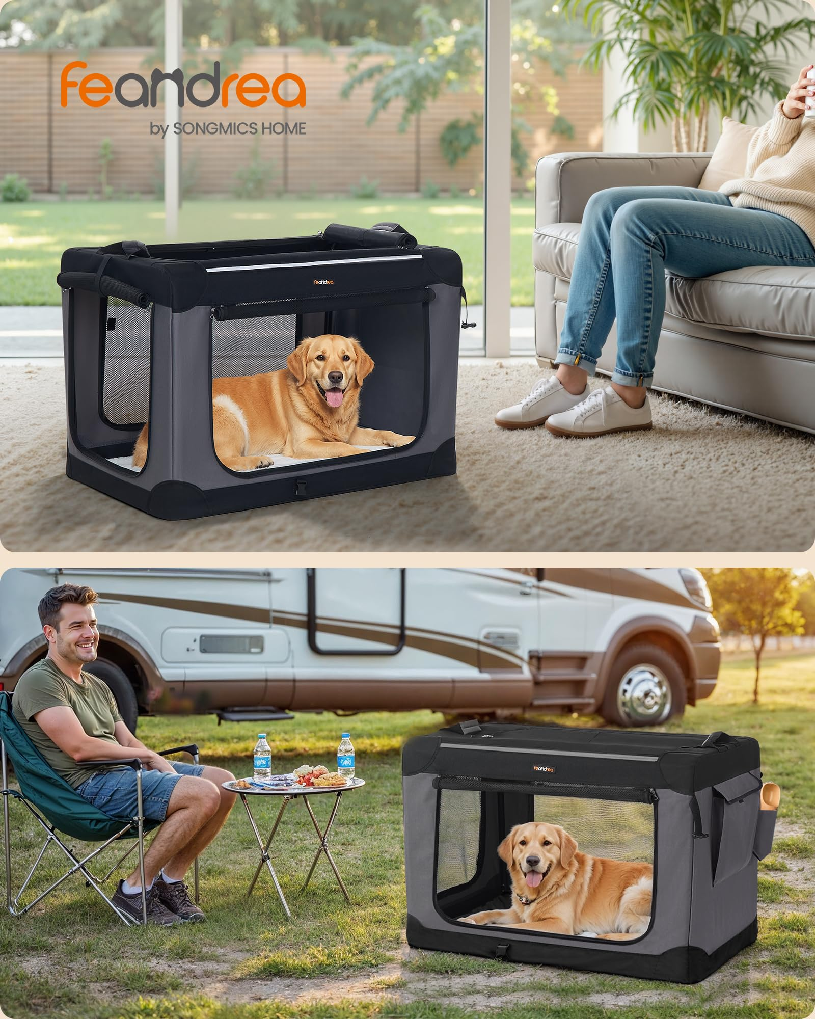 Un golden retriever repose dans une cage pour chien noire et grise portable dans deux cadres différents : intérieur et extérieur.