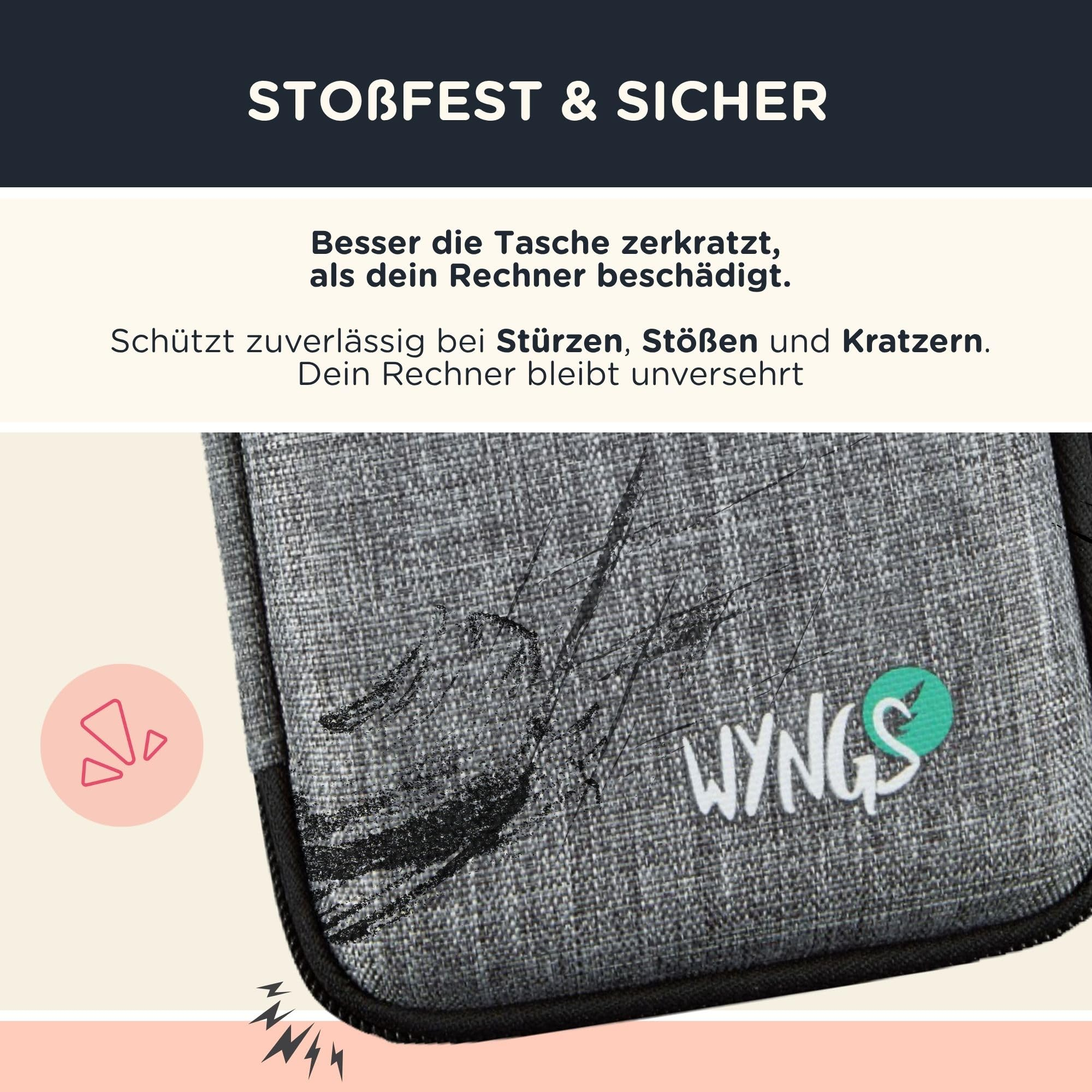 Borsa in tessuto grigio con graffi neri e la scritta WINGS.