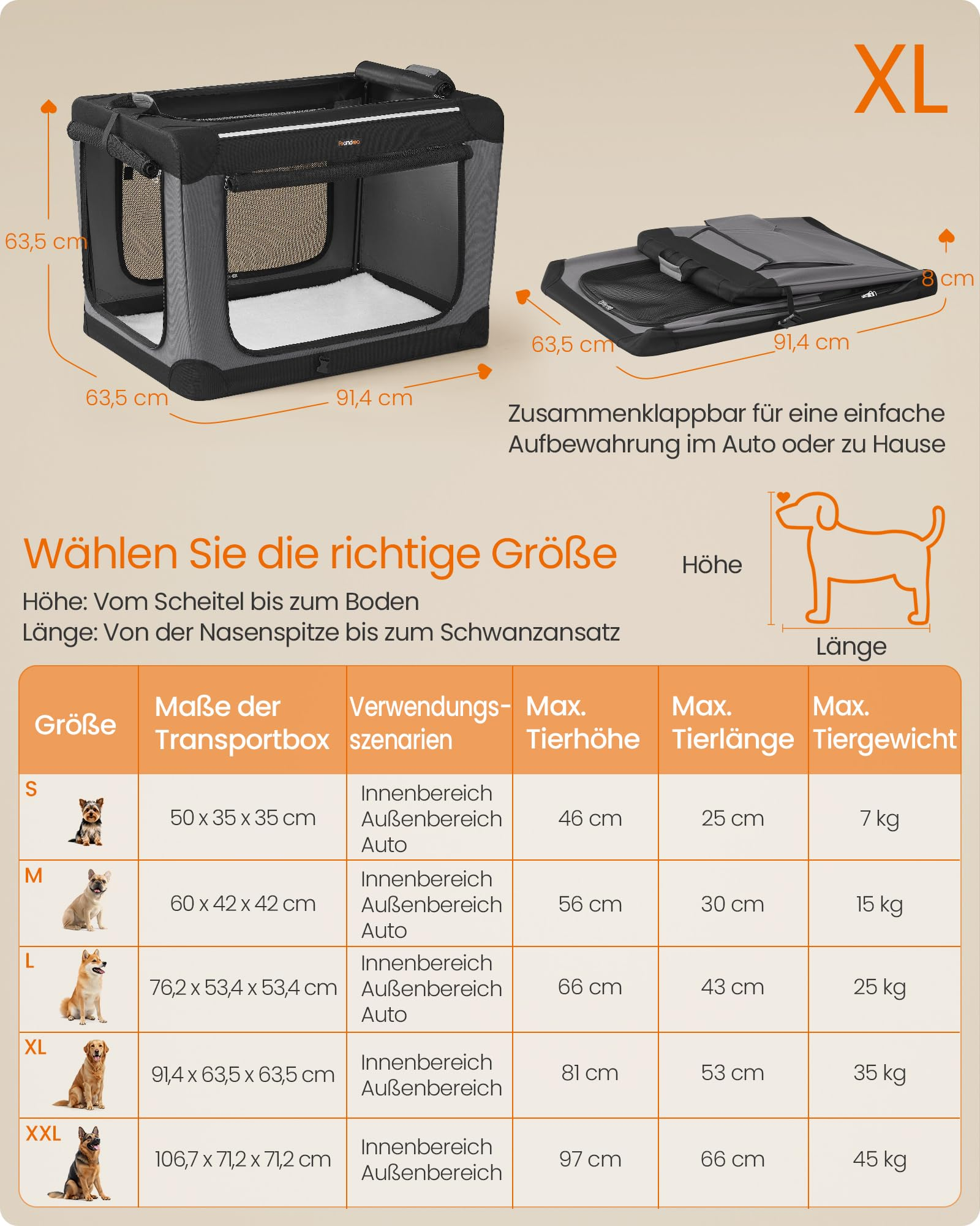Tableaux avec dimensions et limites de poids pour cages de transport pliables en XL.