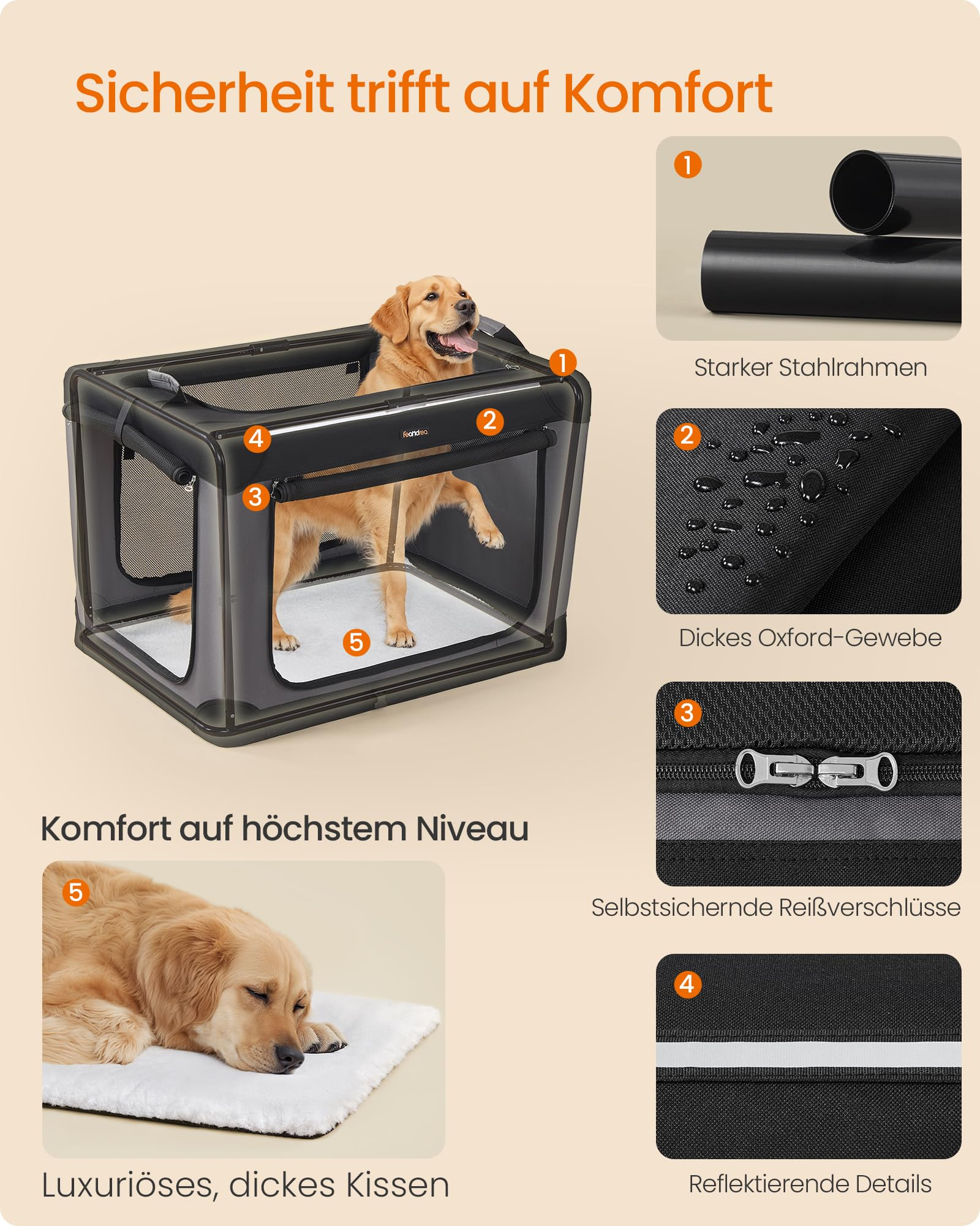 Golden Retriever dans une cage pour chien robuste et imperméable avec coussin.