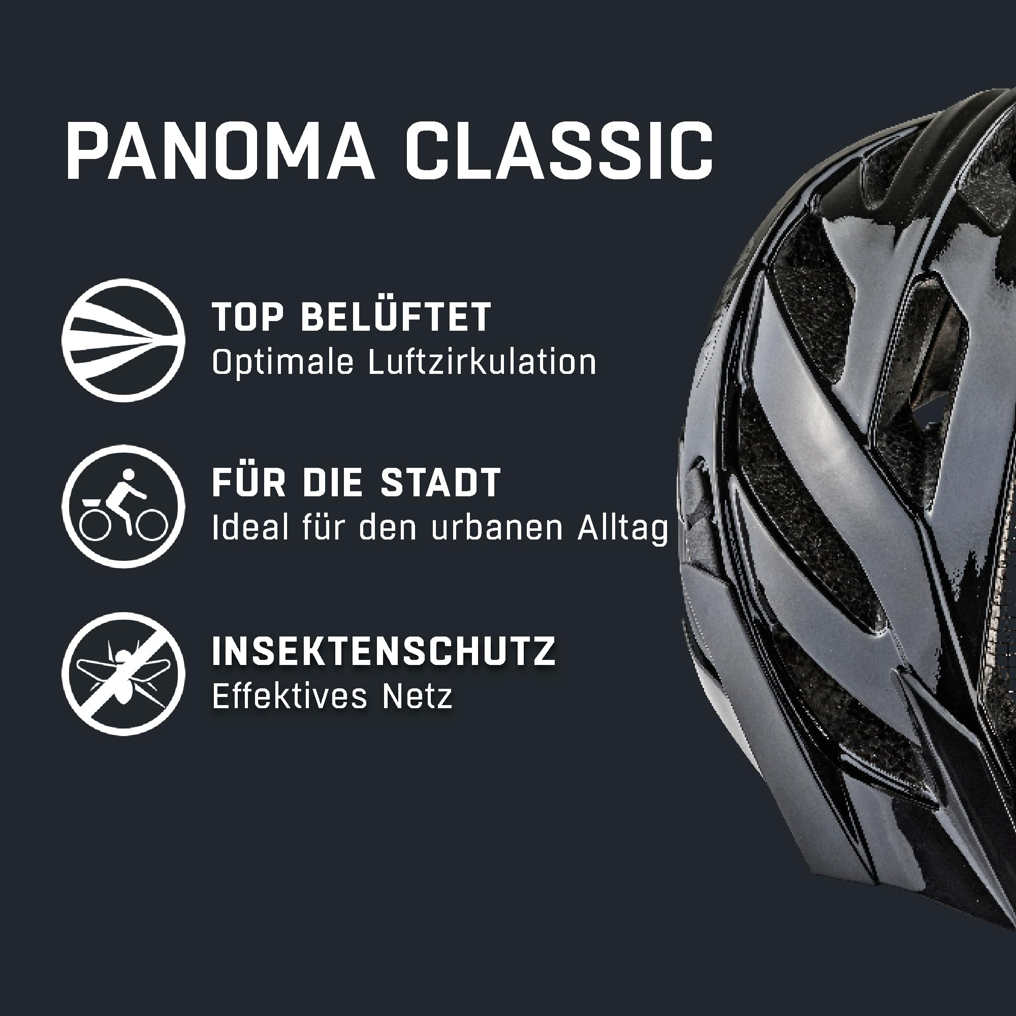 Schwarzer Panoma Classic Fahrradhelm mit Belüftung, Stadteignung und Insektenschutz.