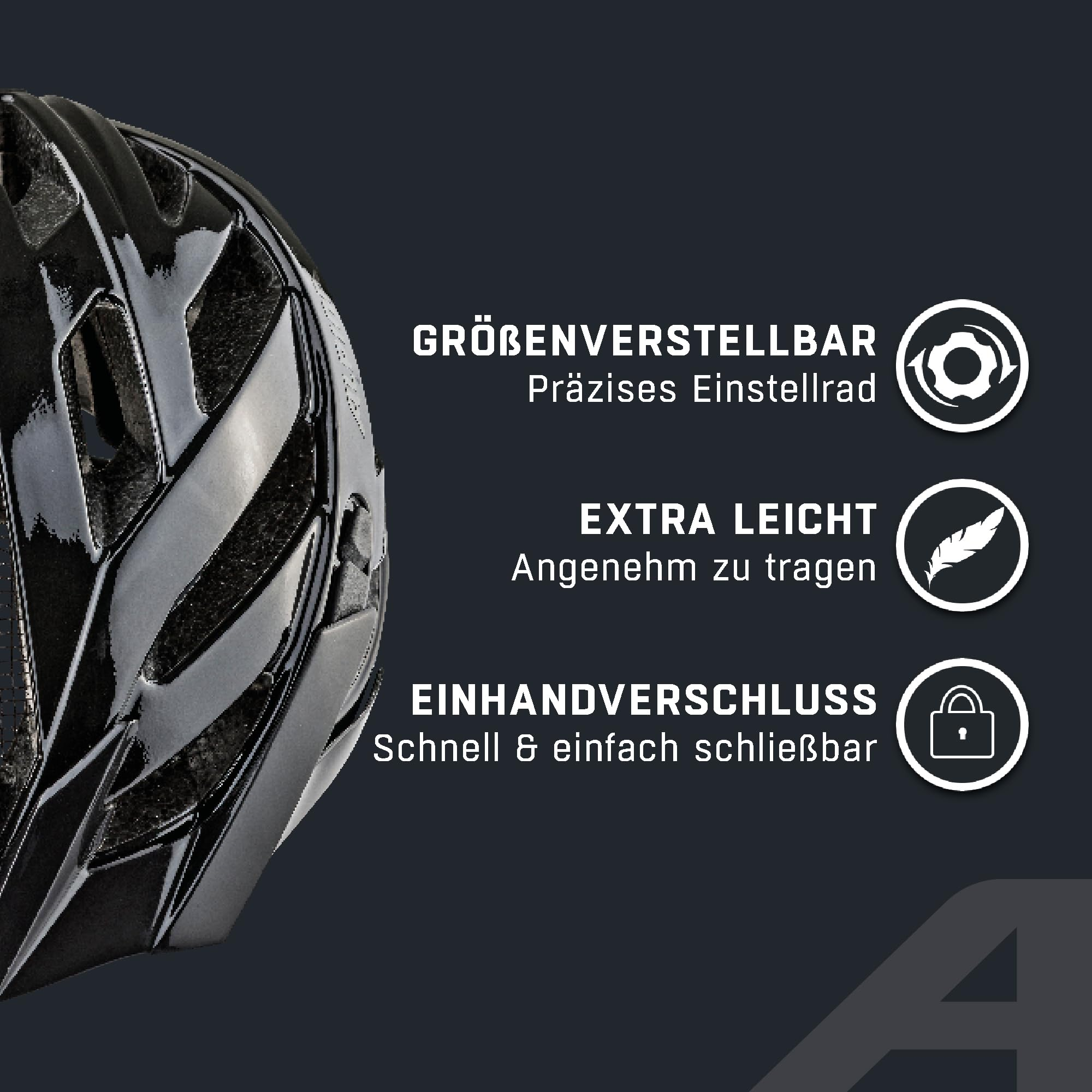Schwarzer Fahrradhelm mit Text und Symbolen für verstellbare Größe, geringes Gewicht und einfache Verschlusstechnik.