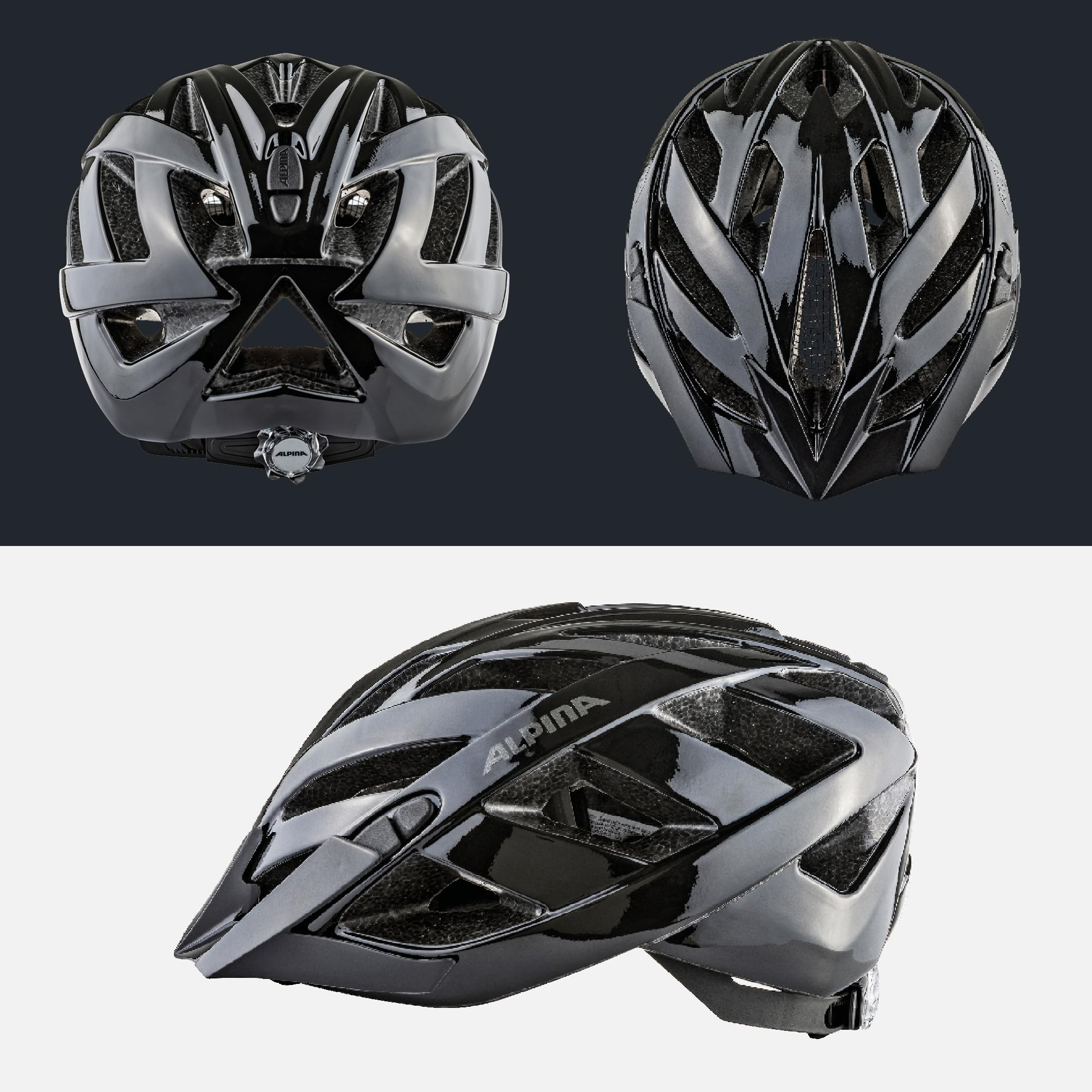 Drei Ansichten eines schwarzen Alpina Fahrradhelms mit aerodynamischem Design und Belüftungsöffnungen.