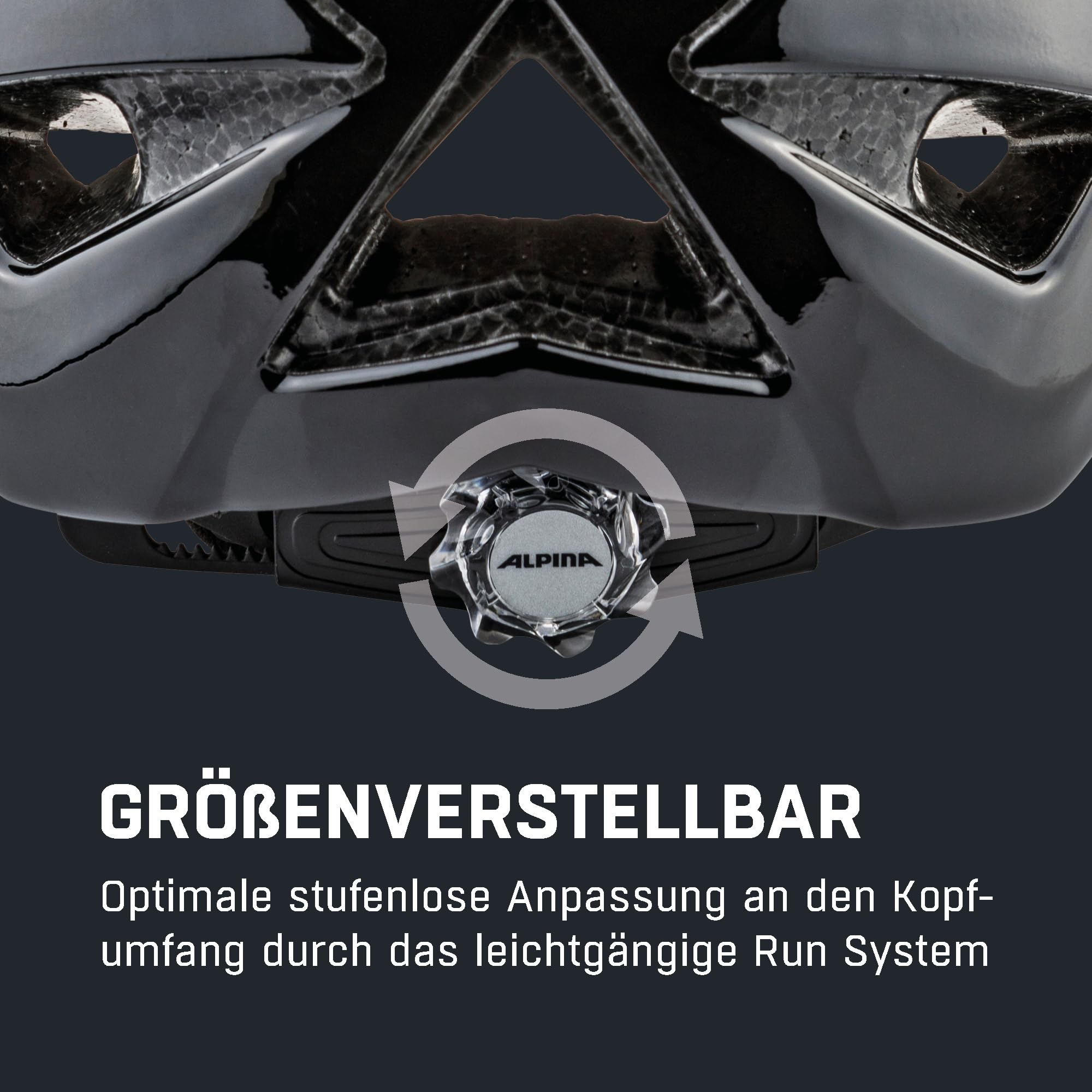 Rückseite eines schwarzen Alpina-Helms mit Einstellrad für die Kopfgröße.
