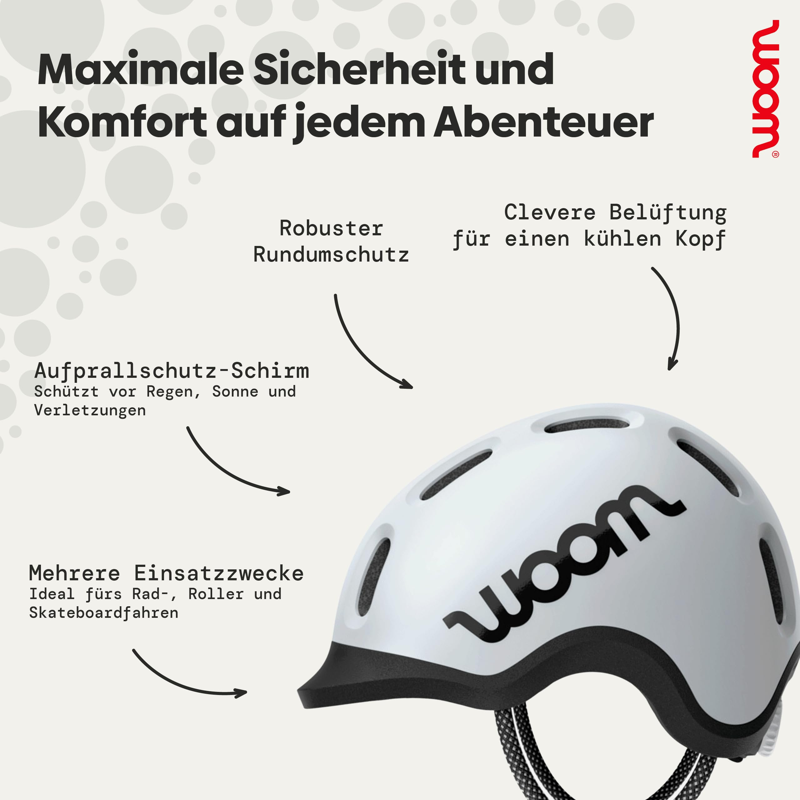 Woom Fahrradhelm in Weiß mit Belüftungslöchern, schwarzem Schirm und Erklärungen auf Deutsch.