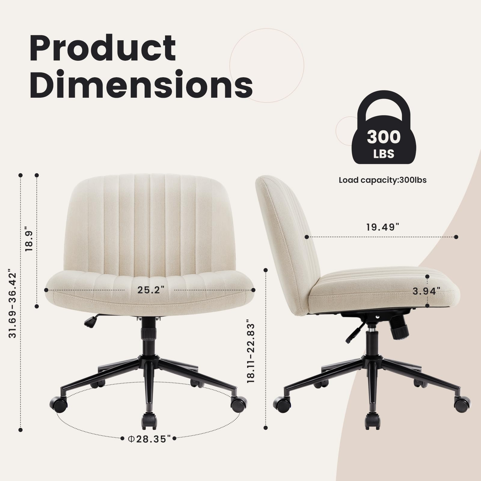 IWMH Chaise de bureau en tissu sans accoudoirs Chaise de bureau