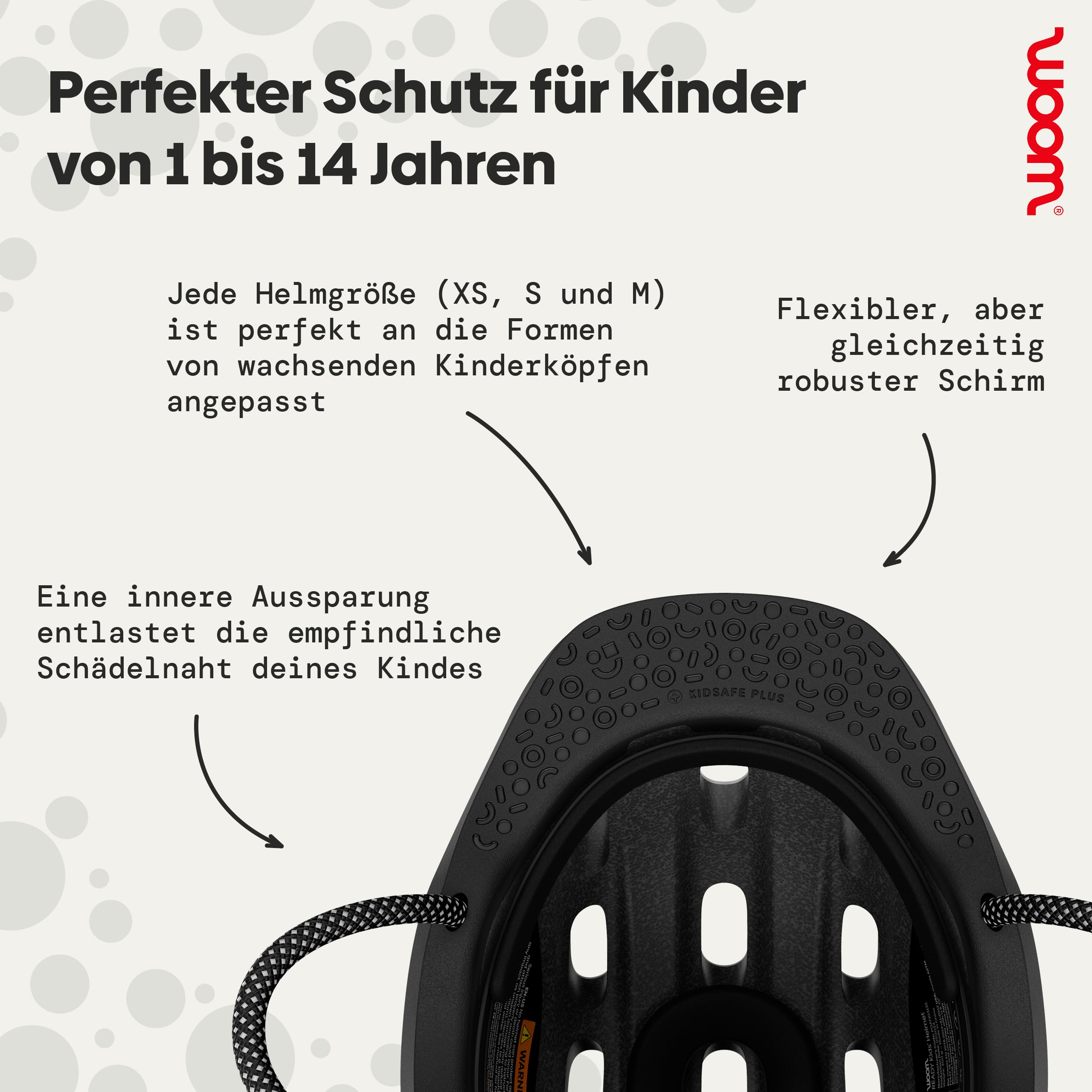 Diagramm eines schwarzen Kinderhelms mit Erklärungen auf Deutsch zu Schutz, Passform und flexuellem Schirm.