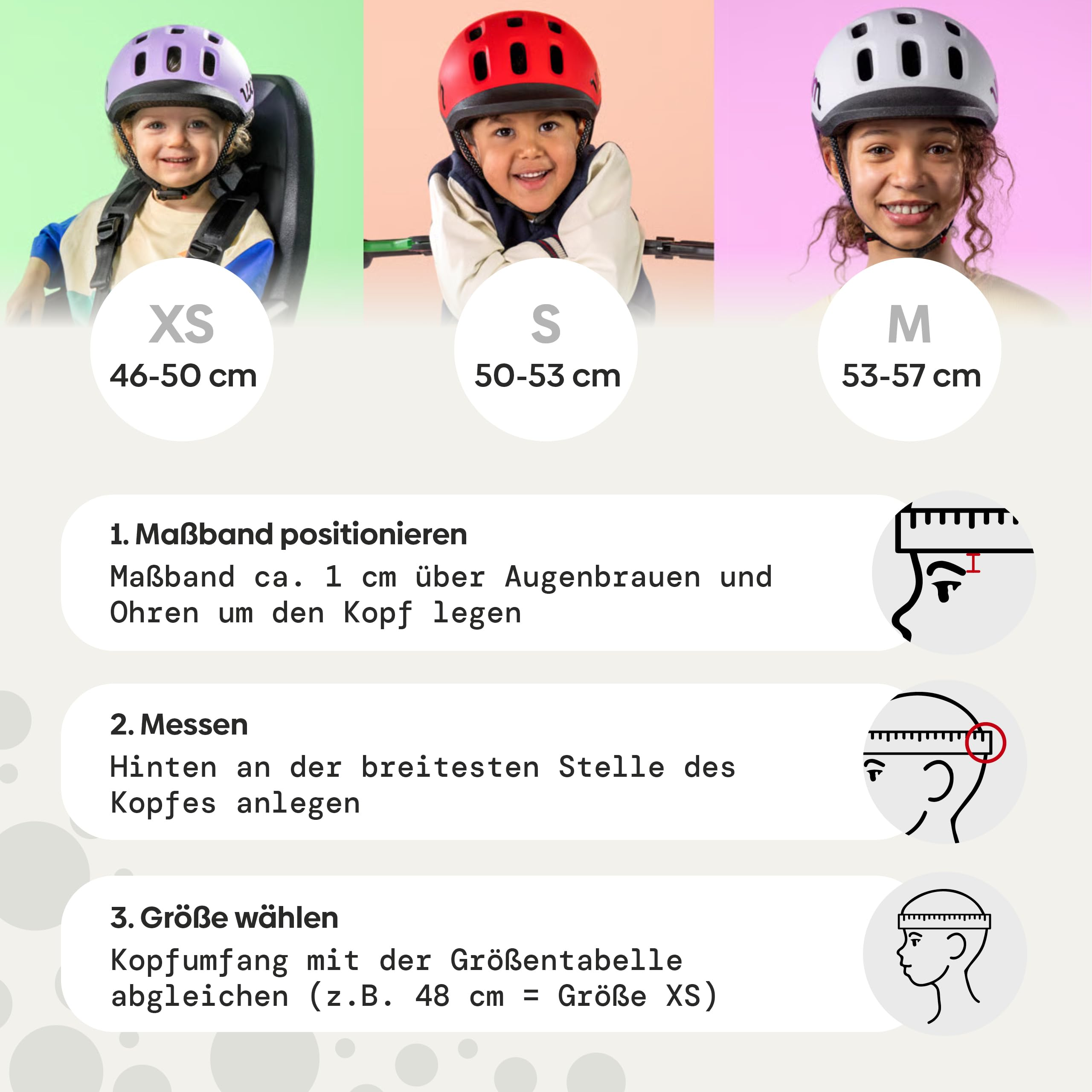 Anleitung zur Kopfumfangmessung für Fahrradhelme mit drei Kindern und Größentabelle.