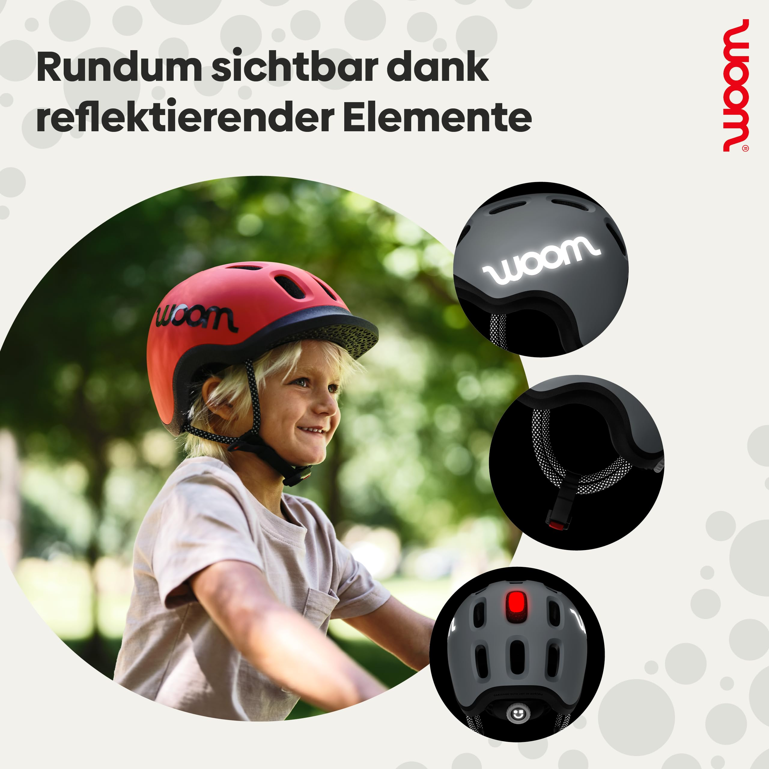 Ein Kind mit rotem woom-Fahrradhelm und drei runde Detailbilder mit reflektierenden Elementen.