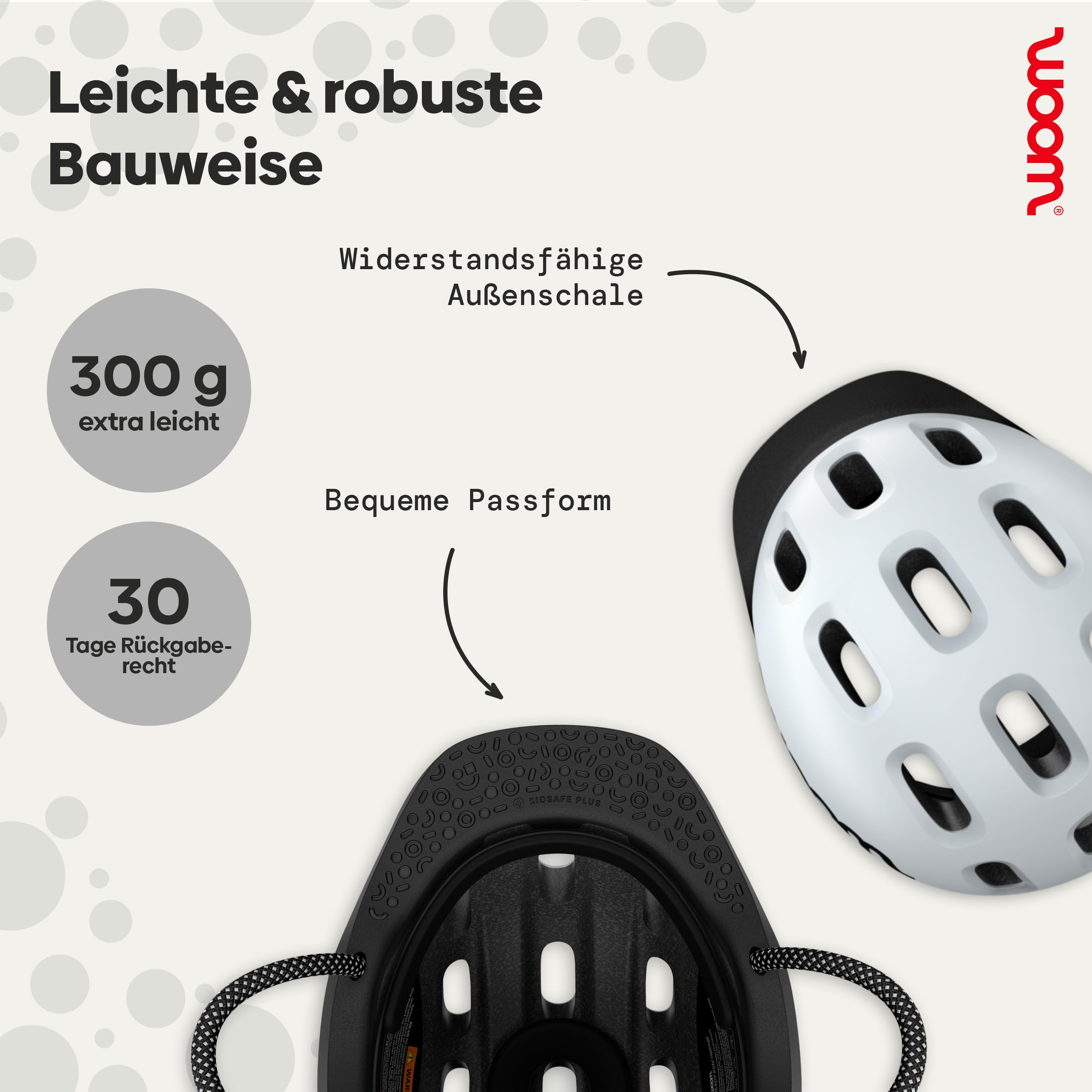 Infografik zeigt einen leichten Fahrradhelm mit robuster Außenschale und bequemer Passform.