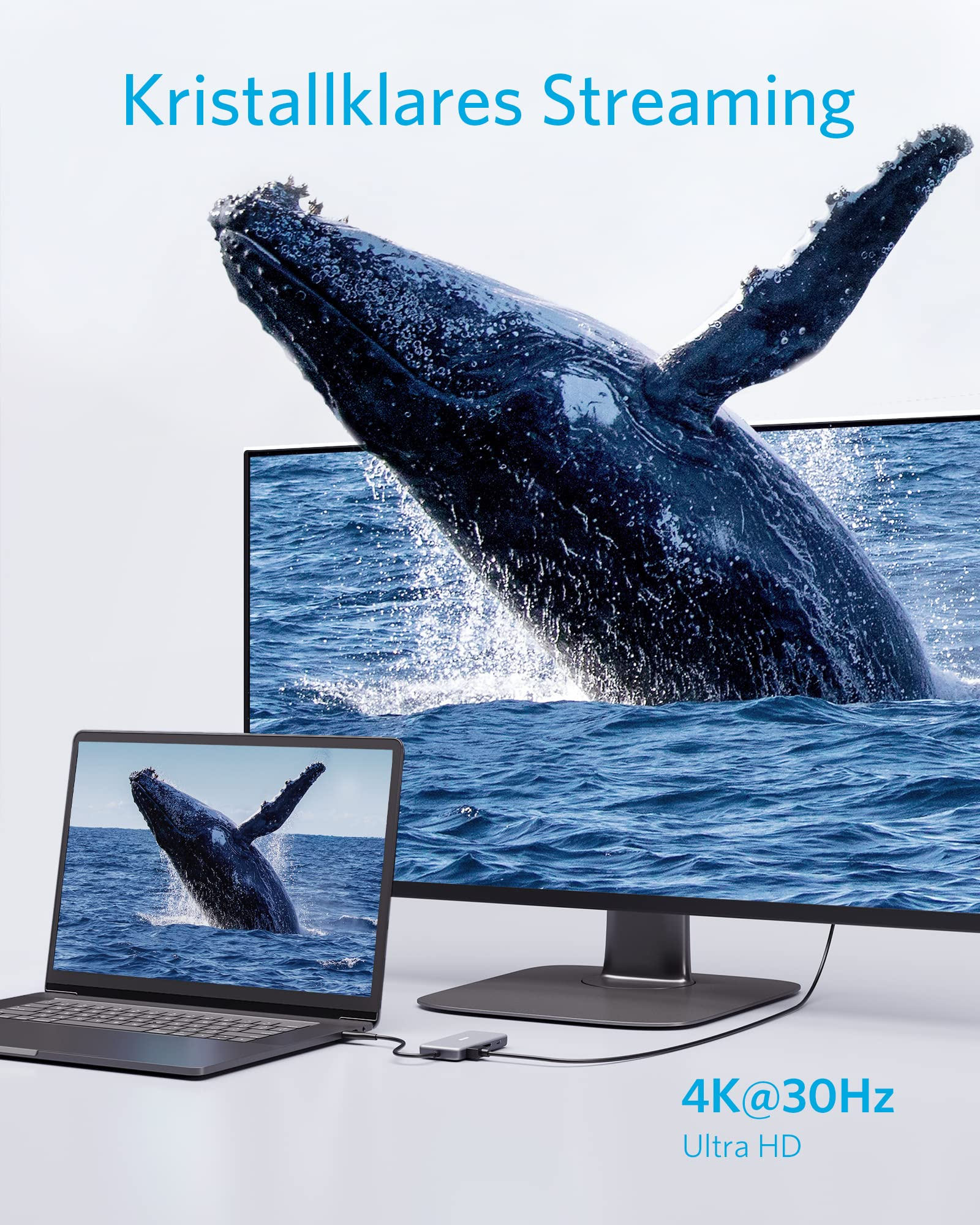 Un laptop e un monitor mostrano una balena che salta, collegati da un piccolo adattatore grigio.
