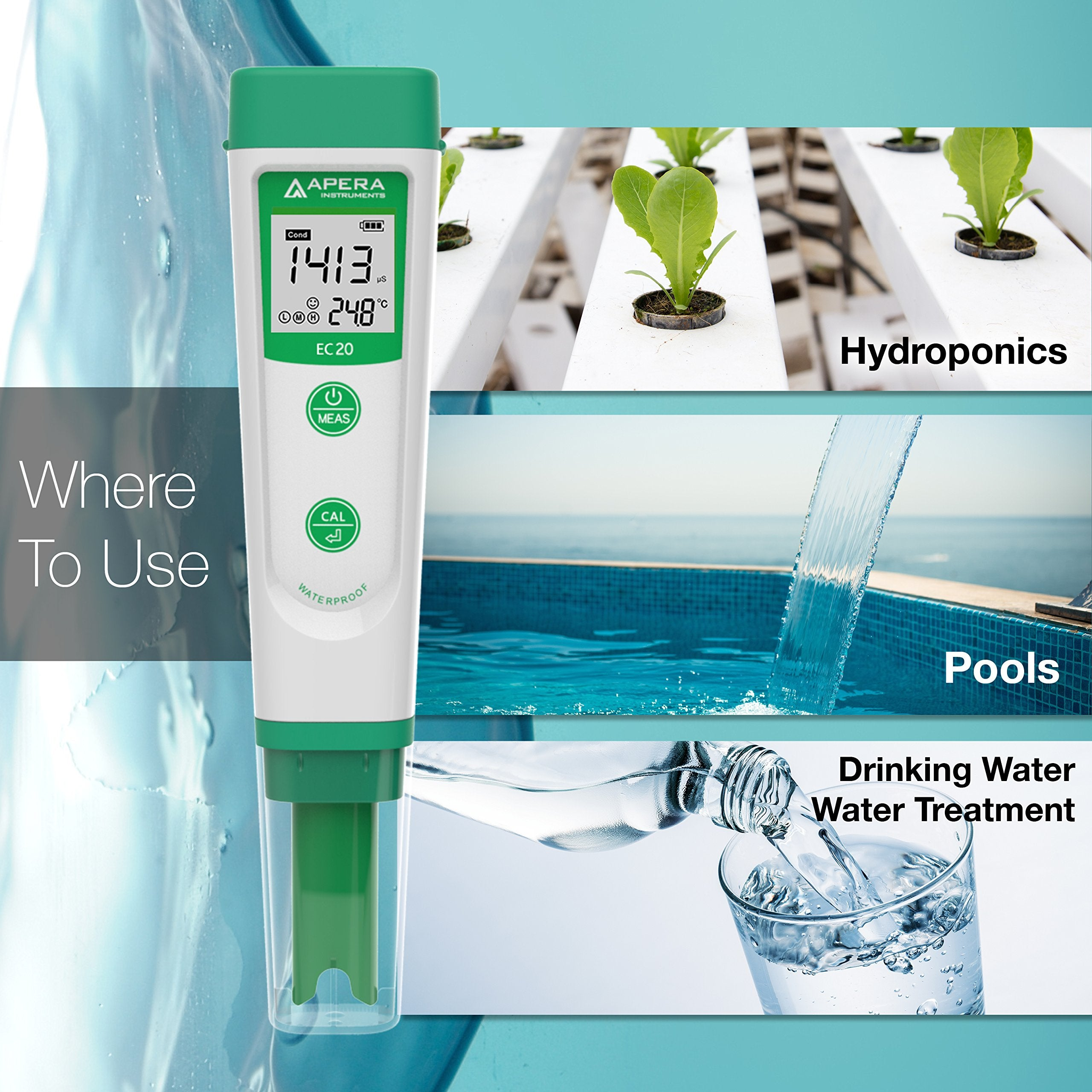 Ein EC20 Leitwertmessgerät mit Anwendungen für Hydrokultur, Pools und Trinkwasser.