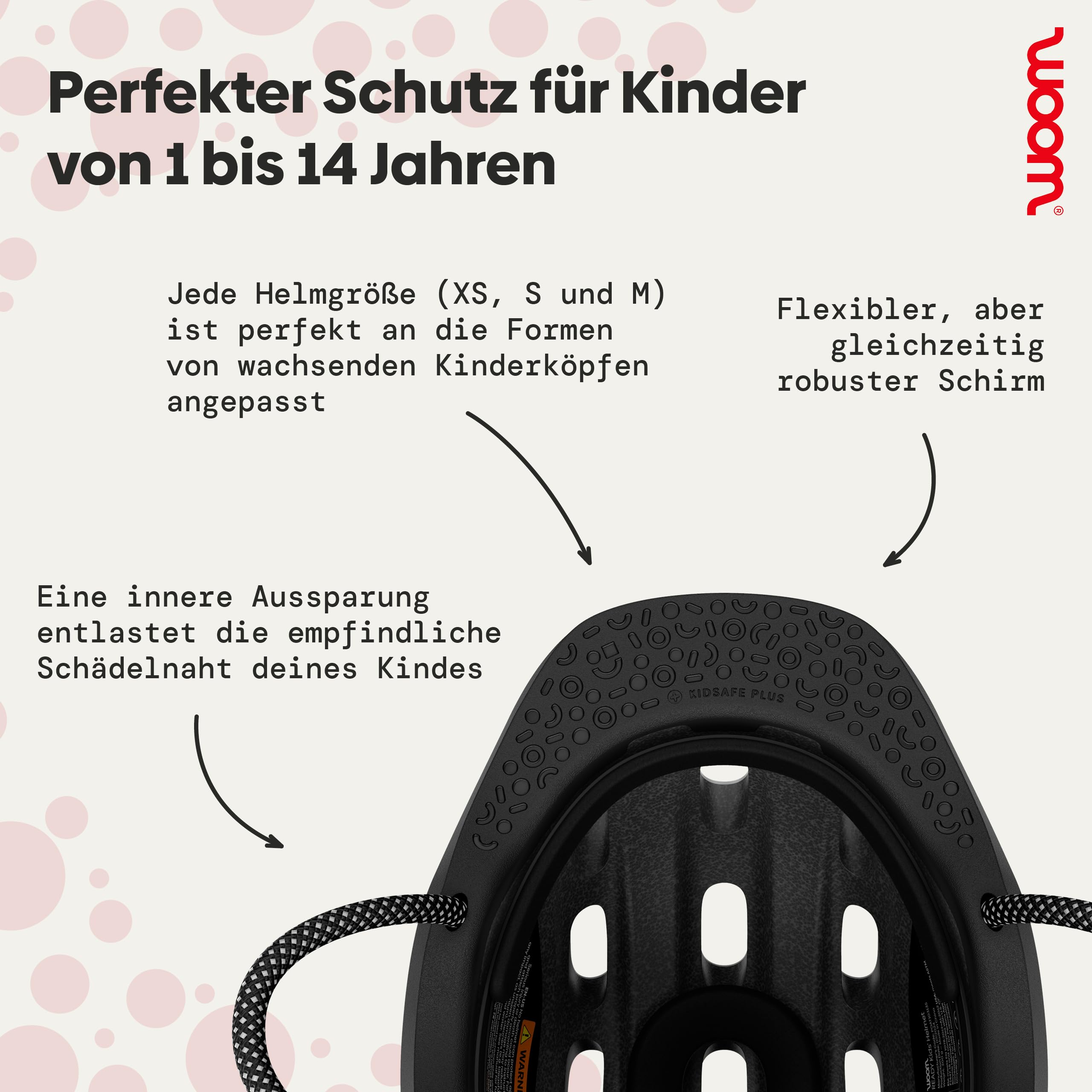 Diagramm eines schwarzen Kinderhelms mit deutschen Texten zur Erklärung der Sicherheitsmerkmale.