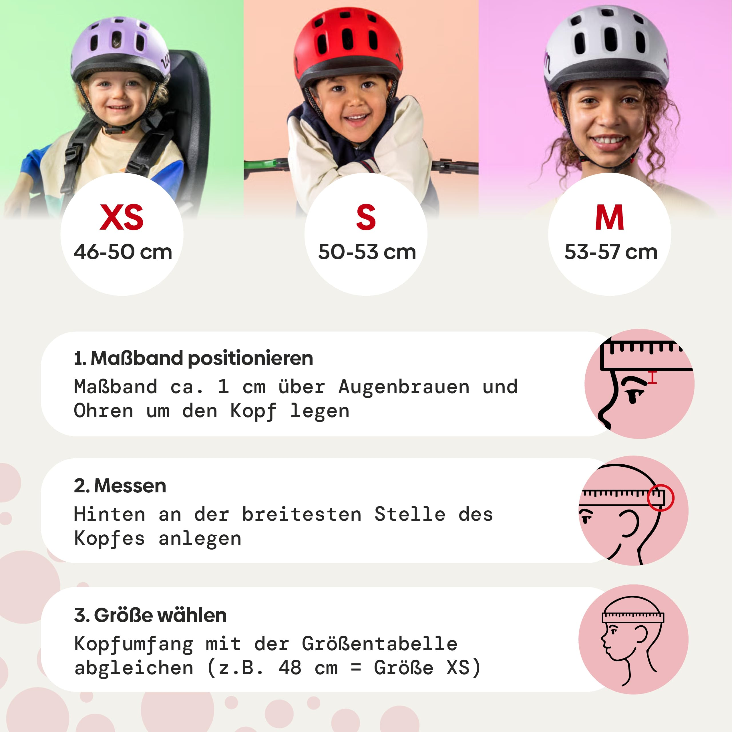 Anleitung zur Kopfumfangmessung für Kinderhelme in drei Schritten mit Größentabelle.