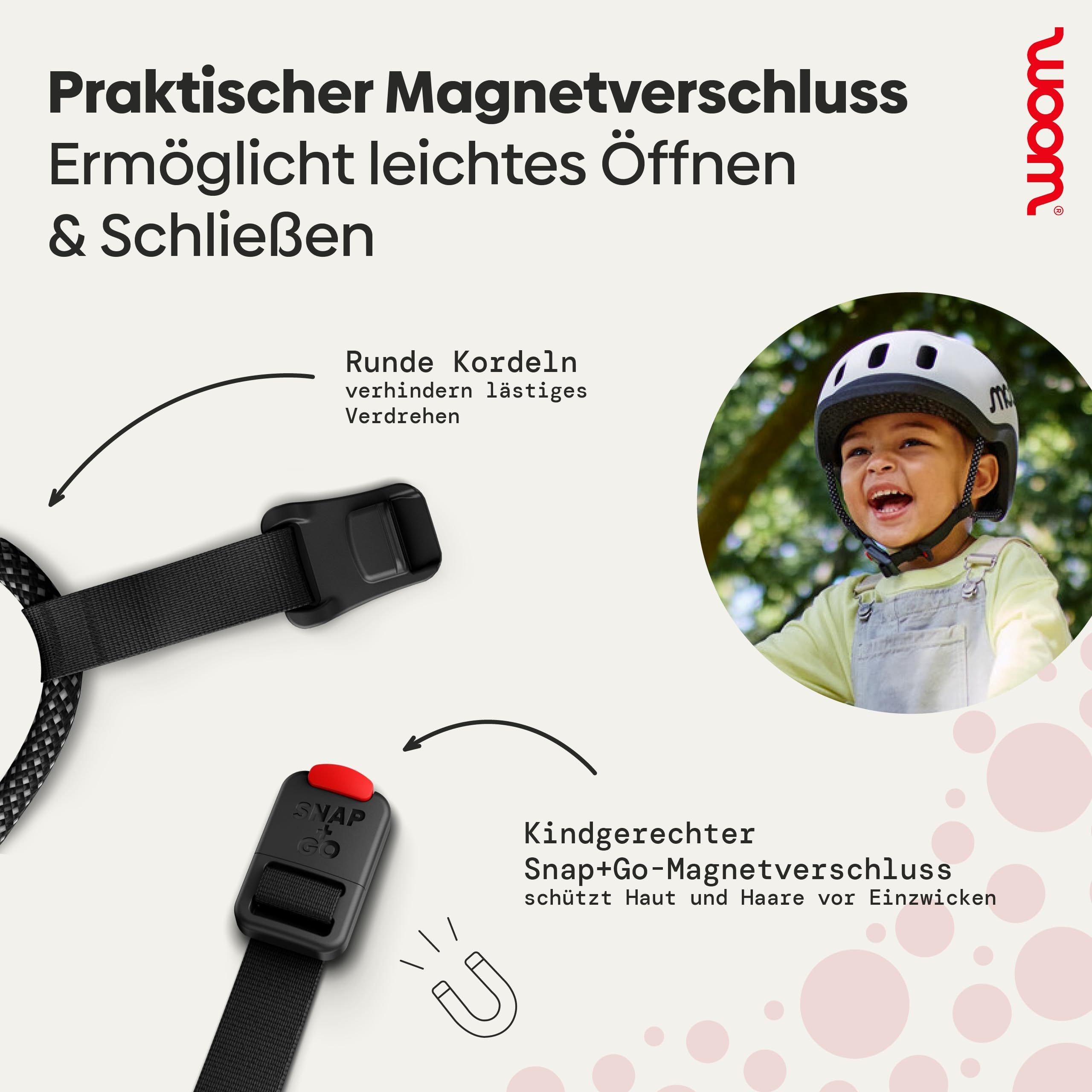 Diagramm zeigt einen kinderfreundlichen Magnetverschluss für Fahrradhelme mit runden Kordeln und lachendem Kind.