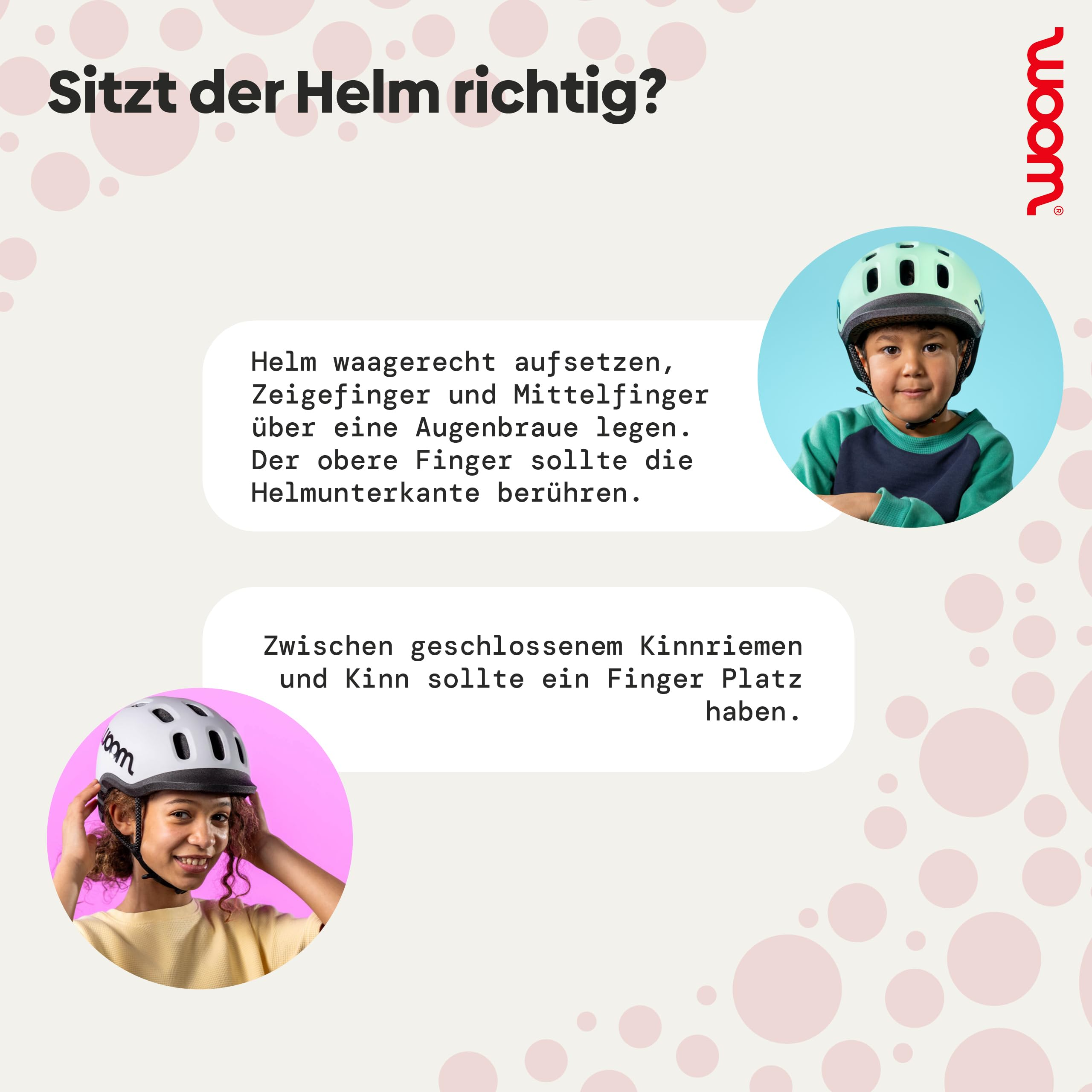 Infografik zeigt Kinder mit Fahrradhelmen und Anleitungen für den richtigen Sitz.
